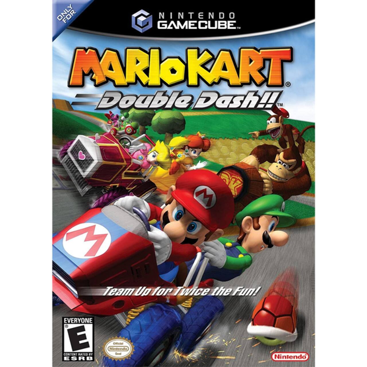 ONLY FOR NINTENDO GAMECUBE, MARIOKART Double Dash!!, Team Up for Twice the Fun!, EVERYONE, E CONTENT RATED BY ESRB, Official Nintendo Seal, Nintendo