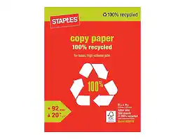 Staples - 100% Recycled 8.5" x 11" Copy Paper, 20 lbs., 92 Brightness, 500/Ream (620016) - White
