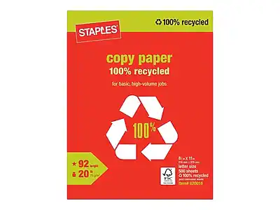 STAPLES
100% recycled copy paper
100% recycled for basic, high-volume jobs
92 bright
20 lb
8.5" x 11" letter size
500 sheets
100% recycled
FSC certified
Item # 620016