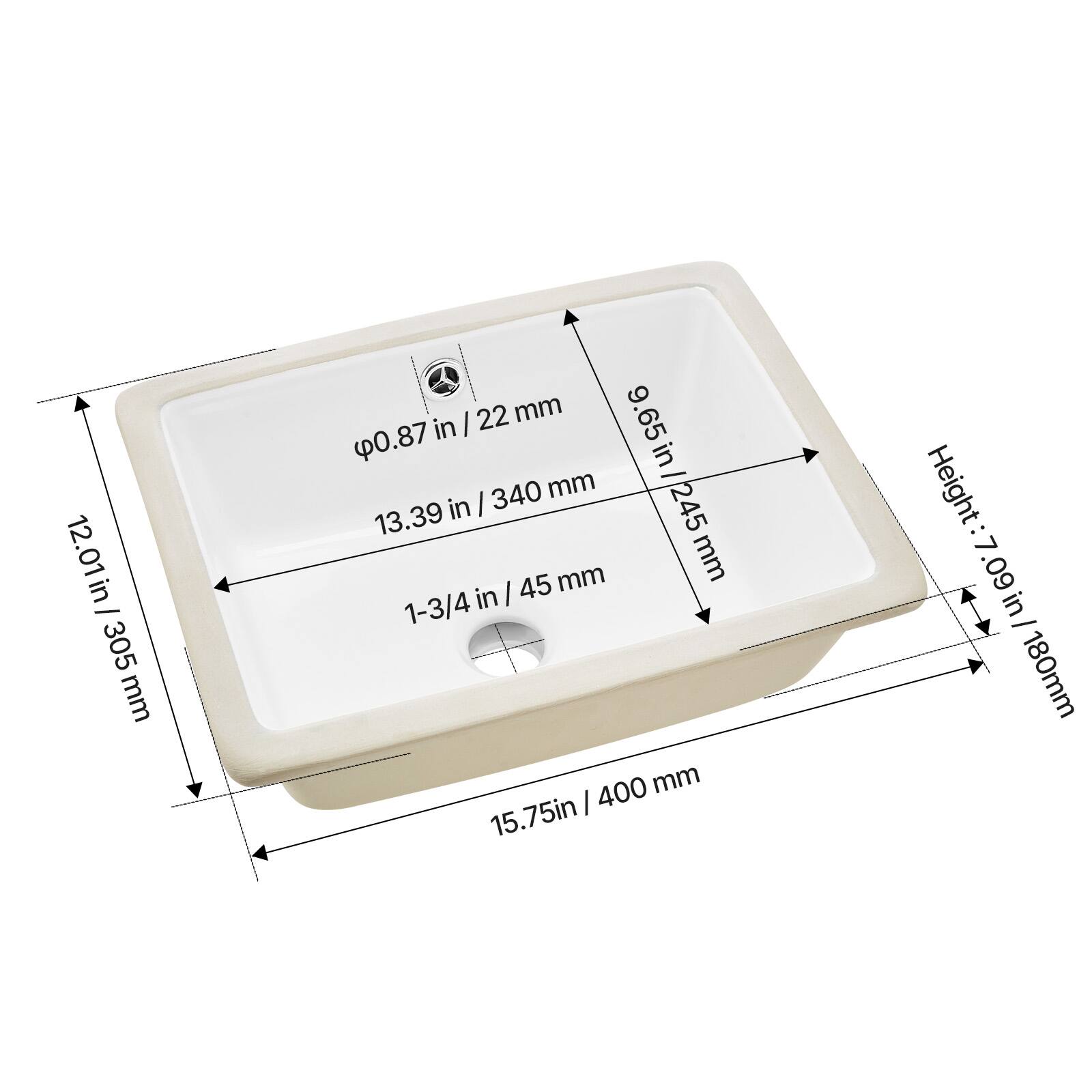 Sure, here is the corrected and grouped text from the image:

- **Diameter:** 0.87 in / 22 mm
- **Length:** 13.39 in / 340 mm
- **Width:** 12.01 in / 305 mm
- **Height:** 7.09 in / 180 mm
- **Depth:** 9.65 in / 245 mm
- **Height:** 7.09 in / 180 mm
- **Width:** 15.75 in / 400 mm
- **Height:** 7.09 in / 180 mm
- **Diameter:** 0.87 in / 22 mm
- **Length:** 13.39 in / 340 mm
- **Width:** 12.01 in / 305 mm
- **Height:** 7.09 in / 180 mm
- **Depth:** 9.65 in / 245 mm
- **Width:** 15.75 in / 400 mm