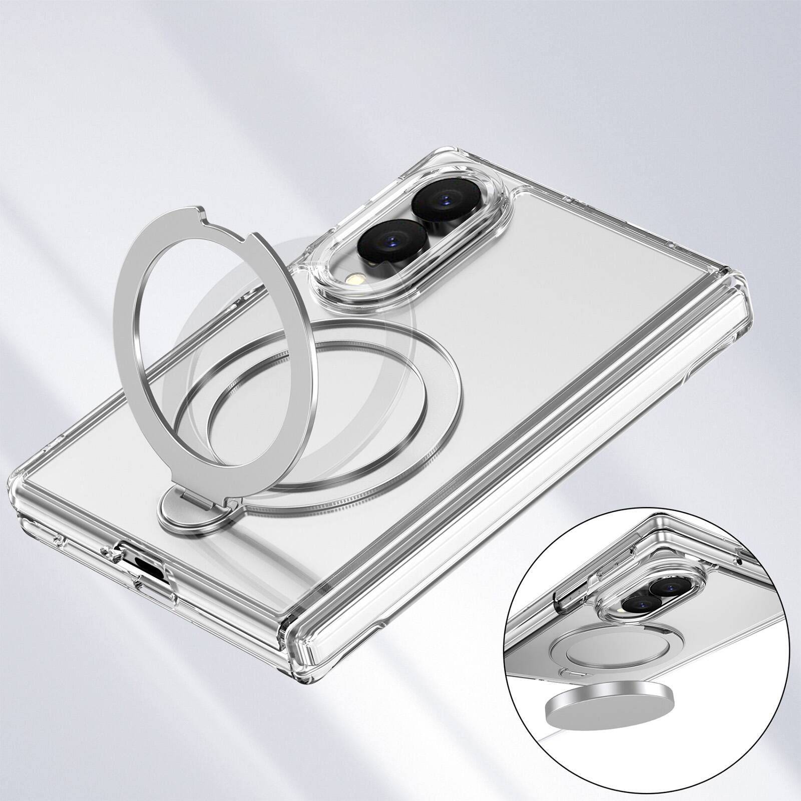 Back. Dteck - For Samsung Galaxy Z Fold8 Magnetic Case Built-in Screen Protector,Shockproof Ring Stand Clear Back Hinge Protect Cover - Clear.