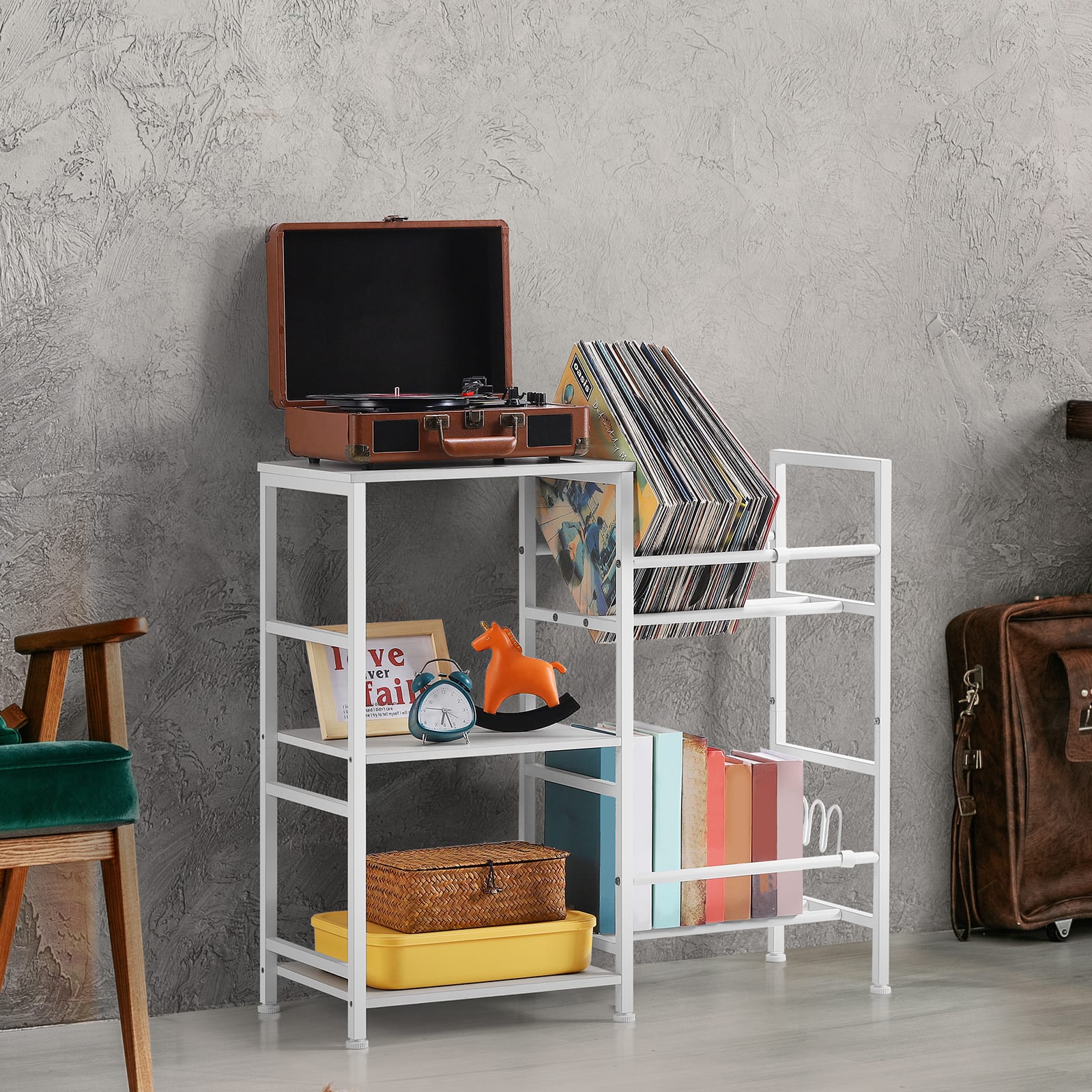 Oumilen - Multi-Tiered Storage Shelf with Vinyl Record Organizer - White