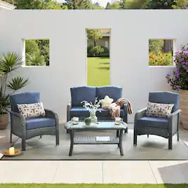 Ovios - 4 PCS Patio Fruniture Set, Outdoor Wicker Sofa with Chairs, High Back Loveseat with Cushion - Denim Blue