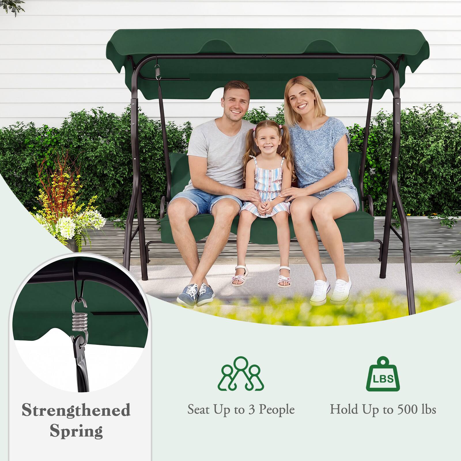 LBS  
Strengthened Spring  
Seat Up to 3 People  
Hold Up to 500 lbs