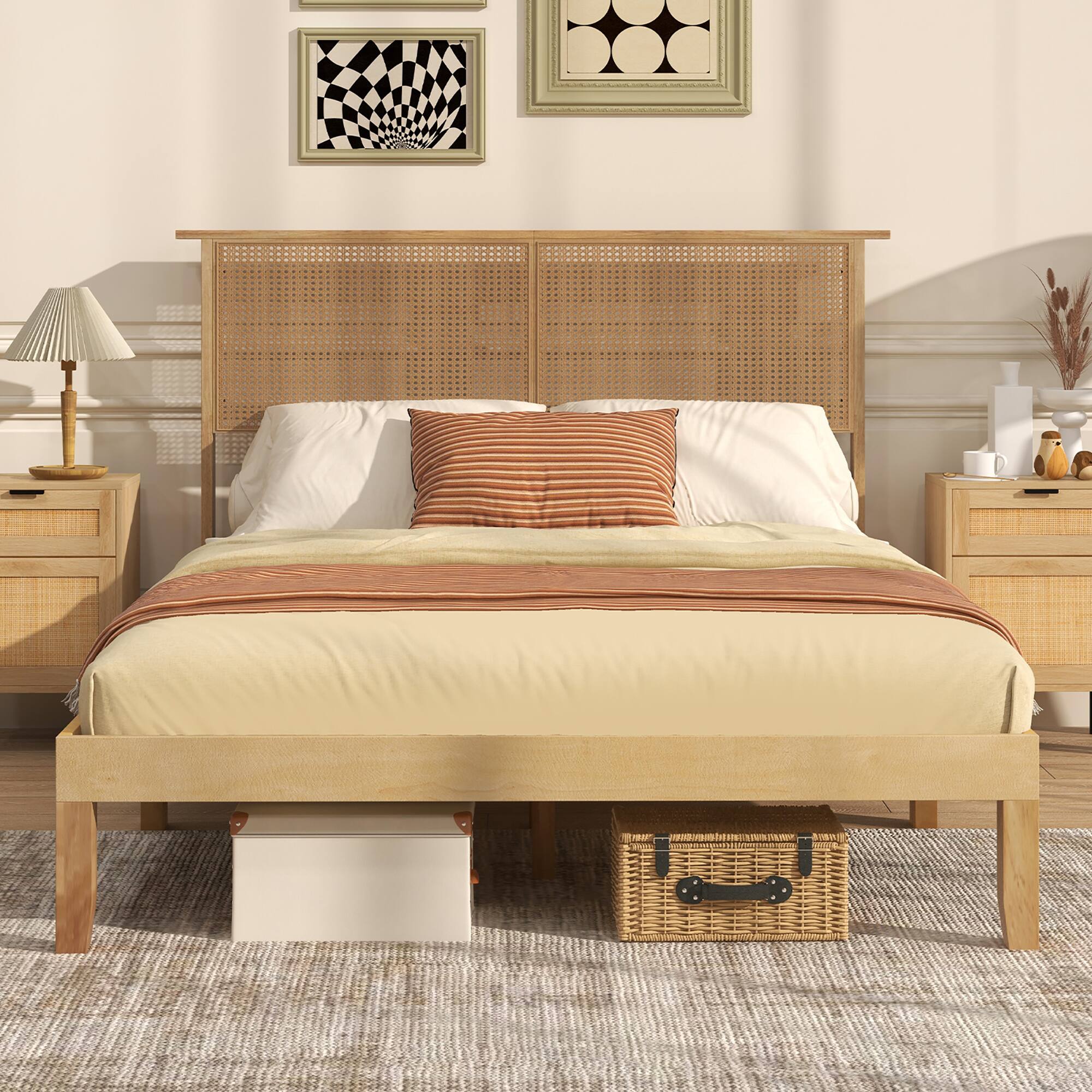 Alt View 1. Gymax - Gymax Full Size Bed Frame w/ Rattan Headboard 10 Solid Wood Legs & 12 Wooden Slats - Natural.