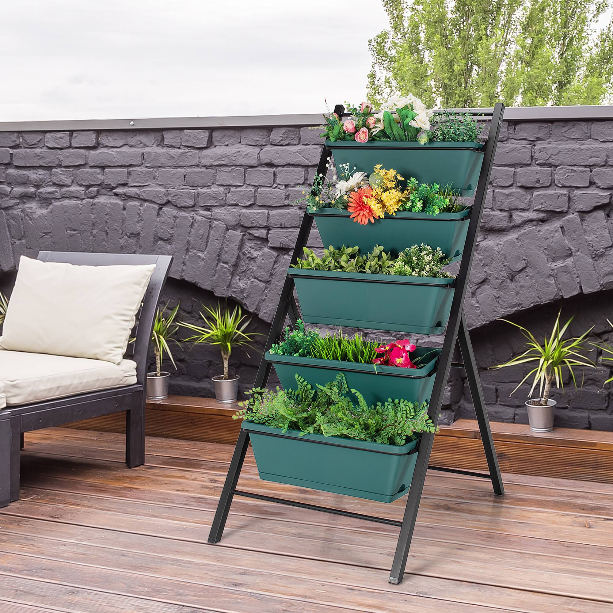 Alt View 4. Costway - 5-tier Vertical Garden Planter Box Elevated Raised Bed w/5 Container - Green.