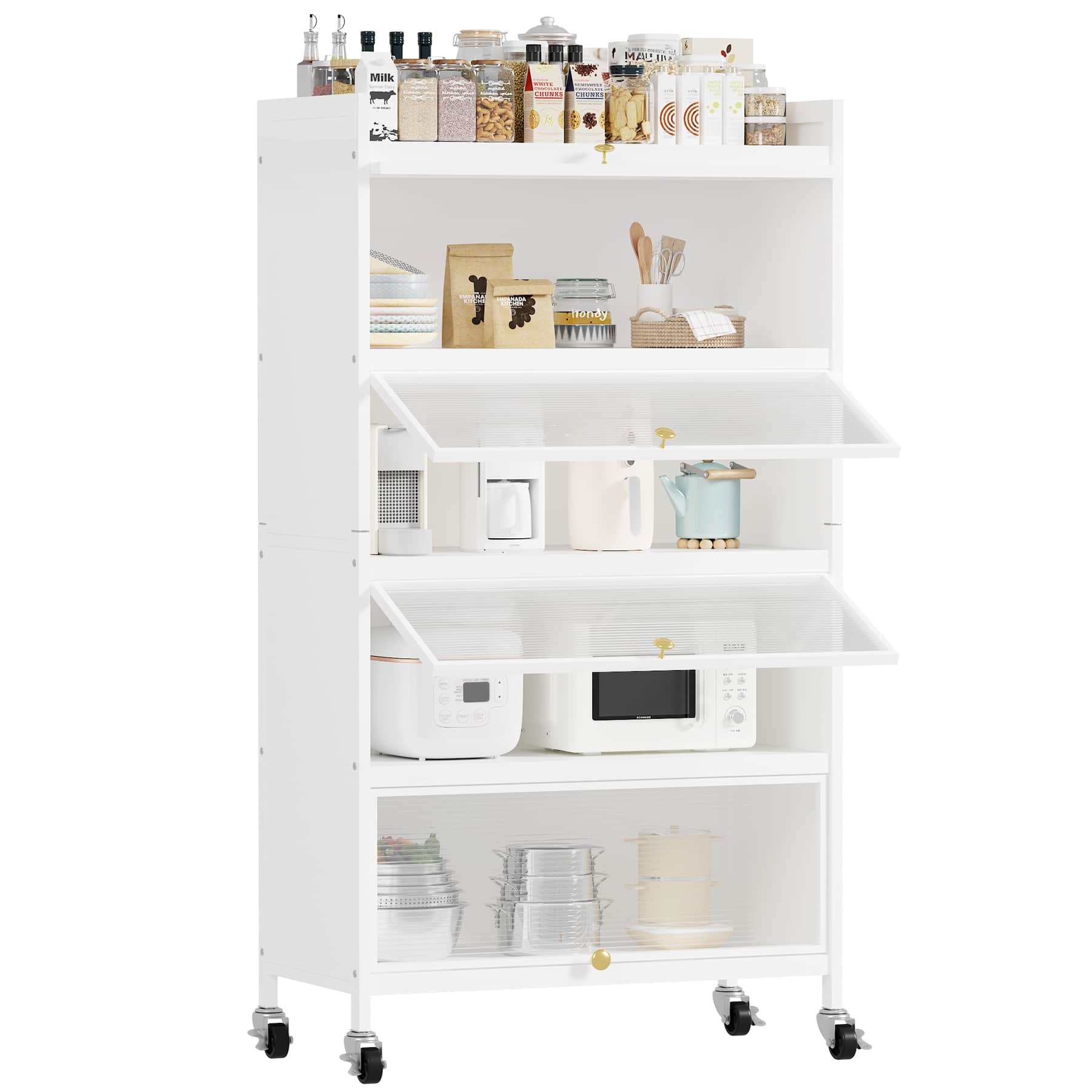 HONGGE - 5 Tier Bakers Rack with Storage Doors and Wheels - White
