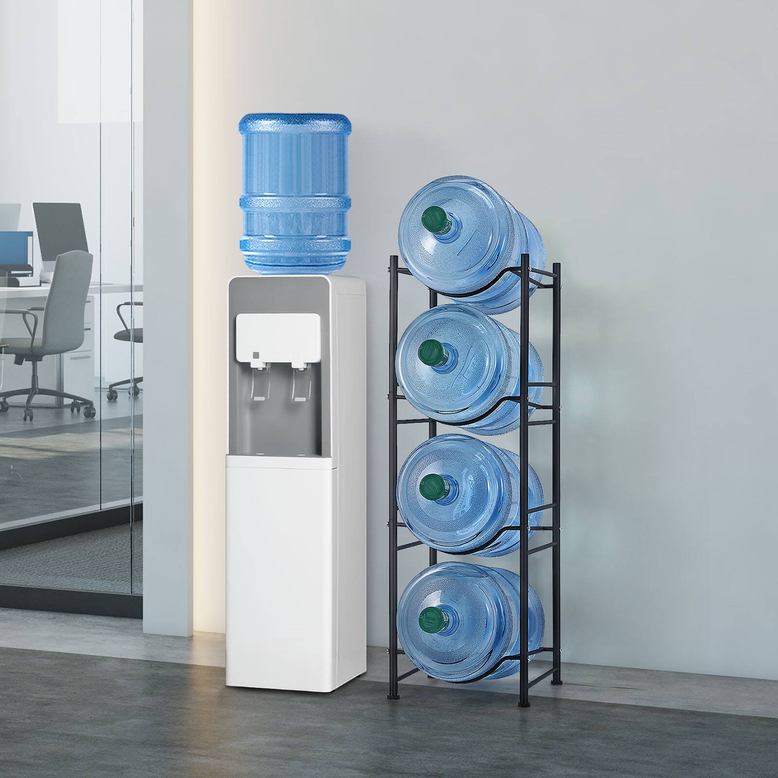 Back. Oumilen - 4-Tier Black Water Bottle Storage Rack for 5 Gallon Jugs - Black.