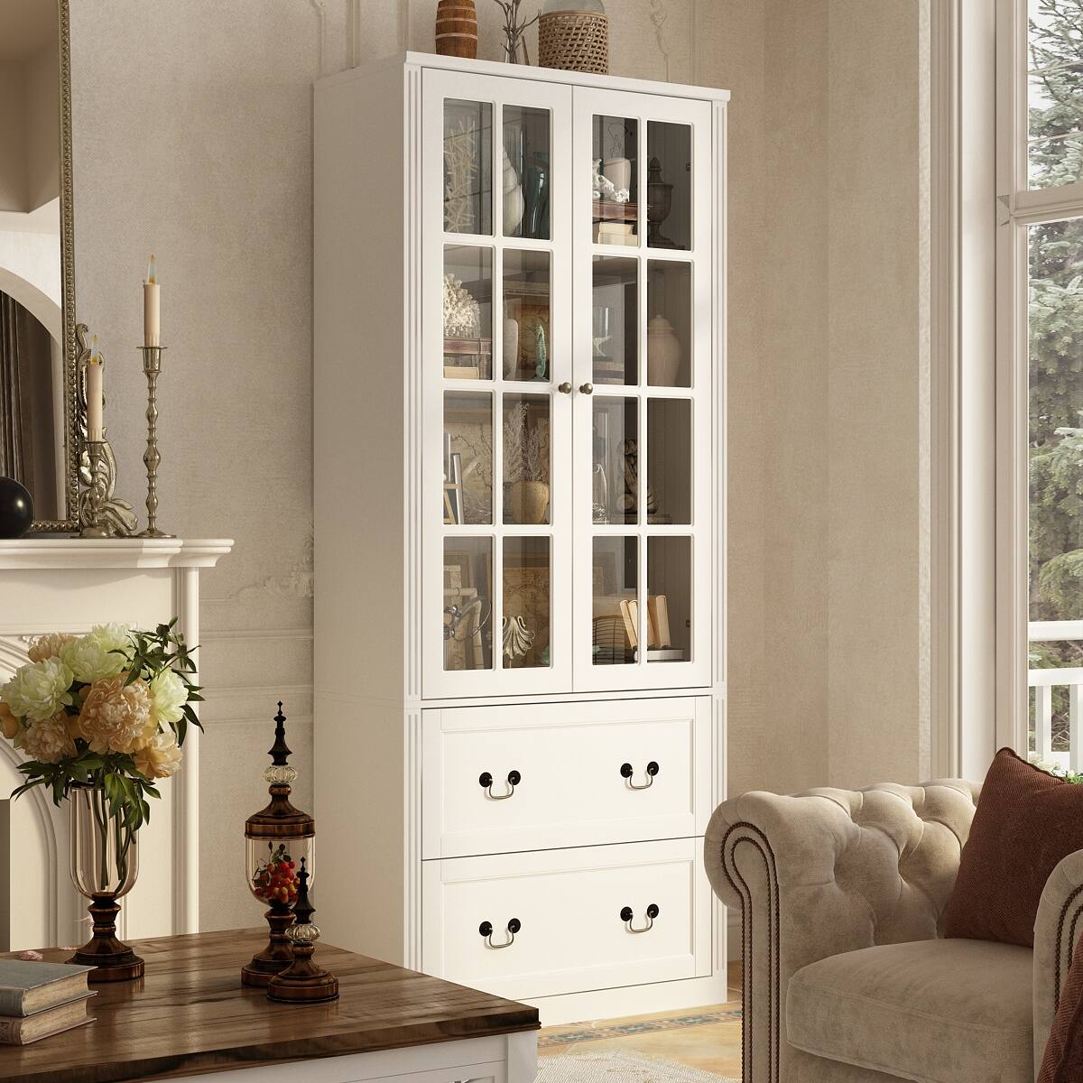 Alt View 2. Famapy - Famapy Glass - Door Bookcase Cabinet - Adjustable Shelves & Drawer Storage, Ideal for Living Room & Study - White.