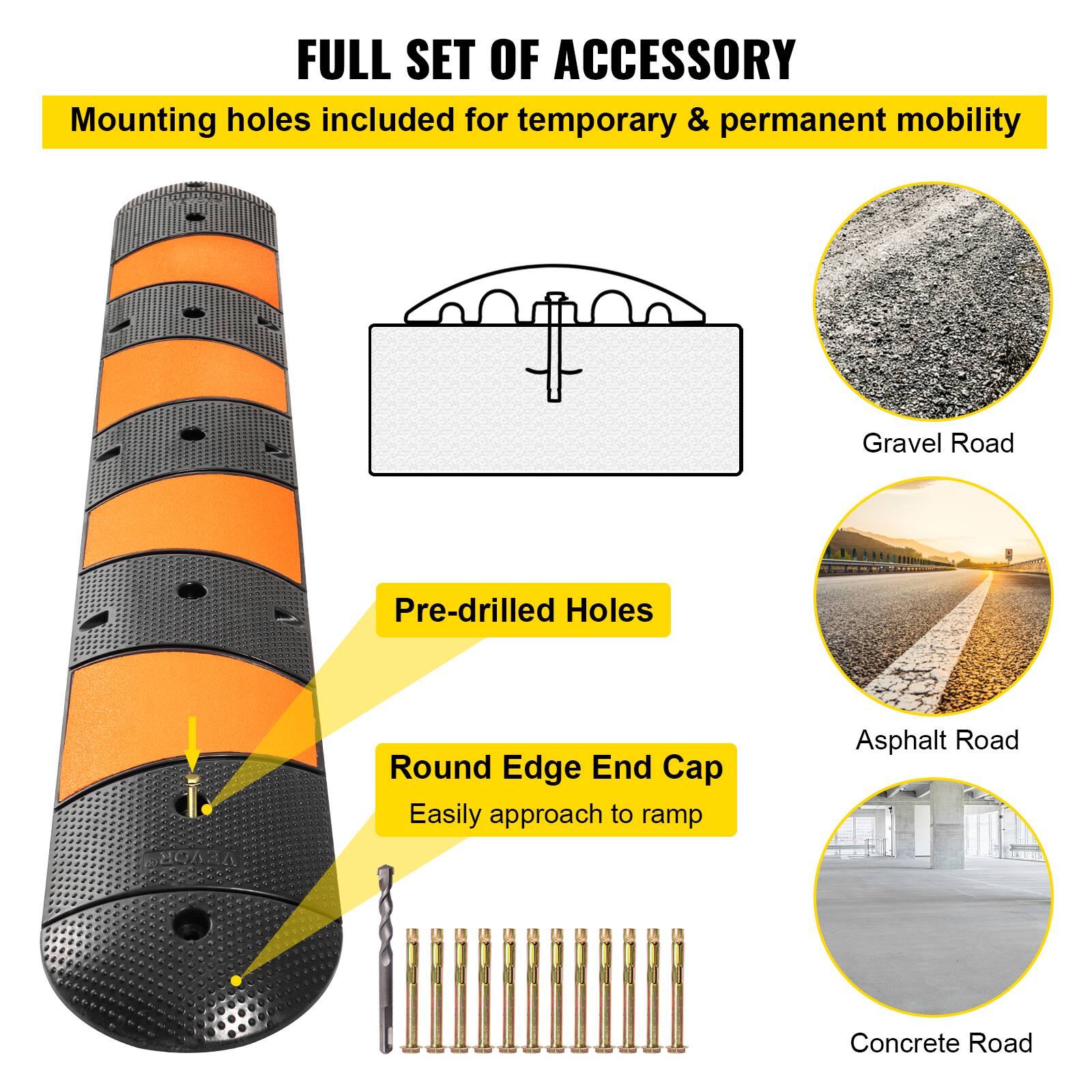 FULL SET OF ACCESSORY, Mounting holes included for temporary & permanent mobility, Pre-drilled Holes, Round Edge End Cap, Easily approach to ramp, Gravel Road, Asphalt Road, Concrete Road