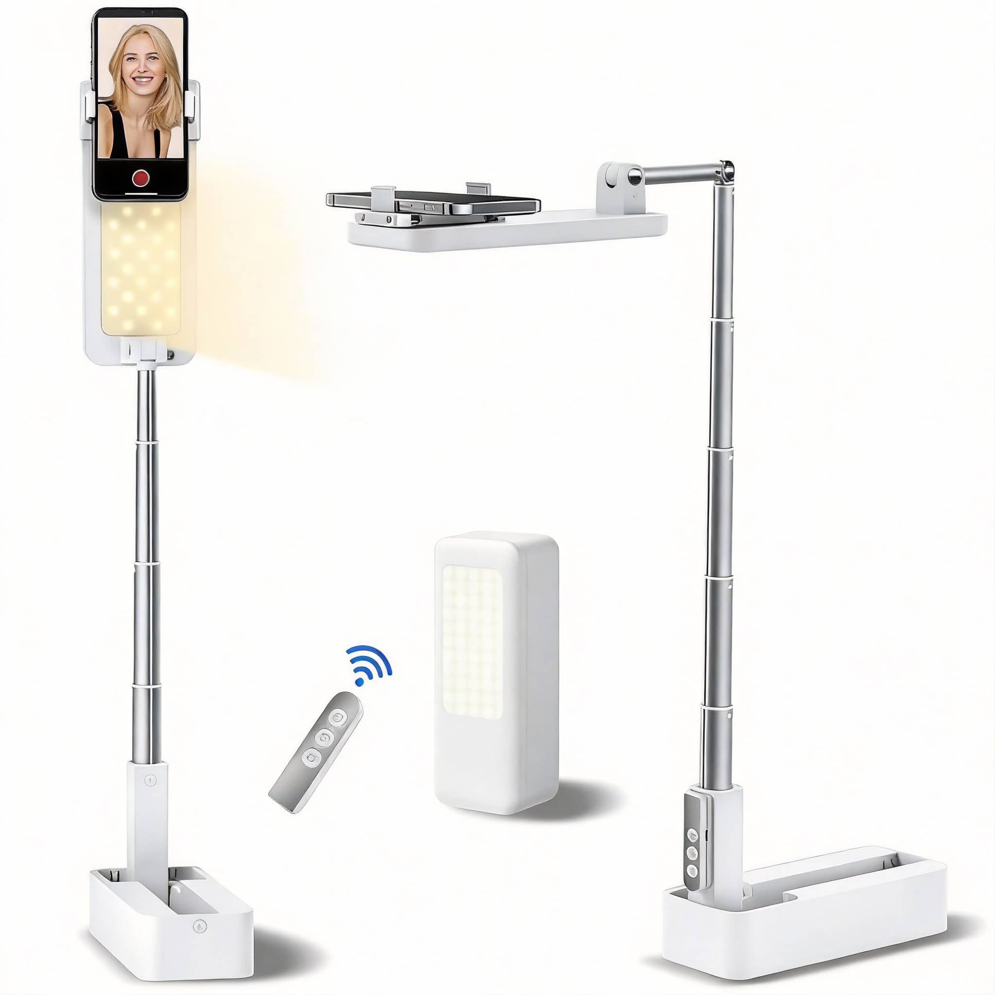 OMOMMD - Overhead Phone Stand For Recording Mount Foldable extendable rechargeable With Light wireless Remote Photo - White
