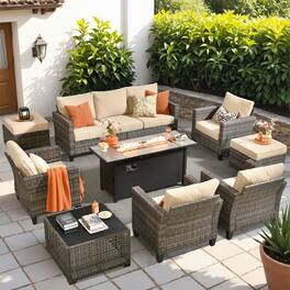 Ovios - 9 PCS Patio Furniture Conversation Sofa Set with Armchair, Coffee Table & 54" Fire Pit Table - Beige