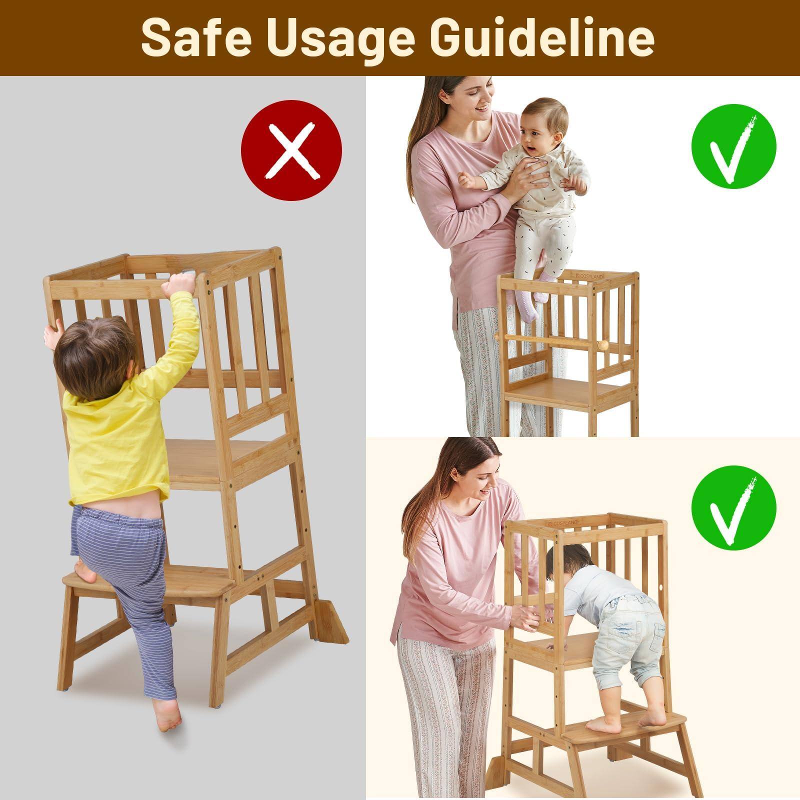 Safe Usage Guideline

- Incorrect: A child climbing on a wooden play structure.
- Correct: A child being held by an adult near a wooden play structure.
- Correct: A child standing on a wooden play structure with an adult nearby.