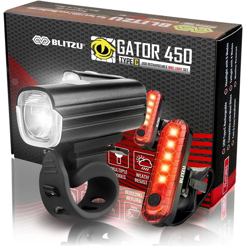 BLITZU GATOR 450  
TYPE C  
USB RECHARGEABLE BIKE LIGHT SET  

- MULTI MODES  
- WEATHER RESISTANT  
- COMPATIBLE WITH MOST USB TYPE C  
- RECHARGEABLE  
- WEATHER RESISTANT FEATURES