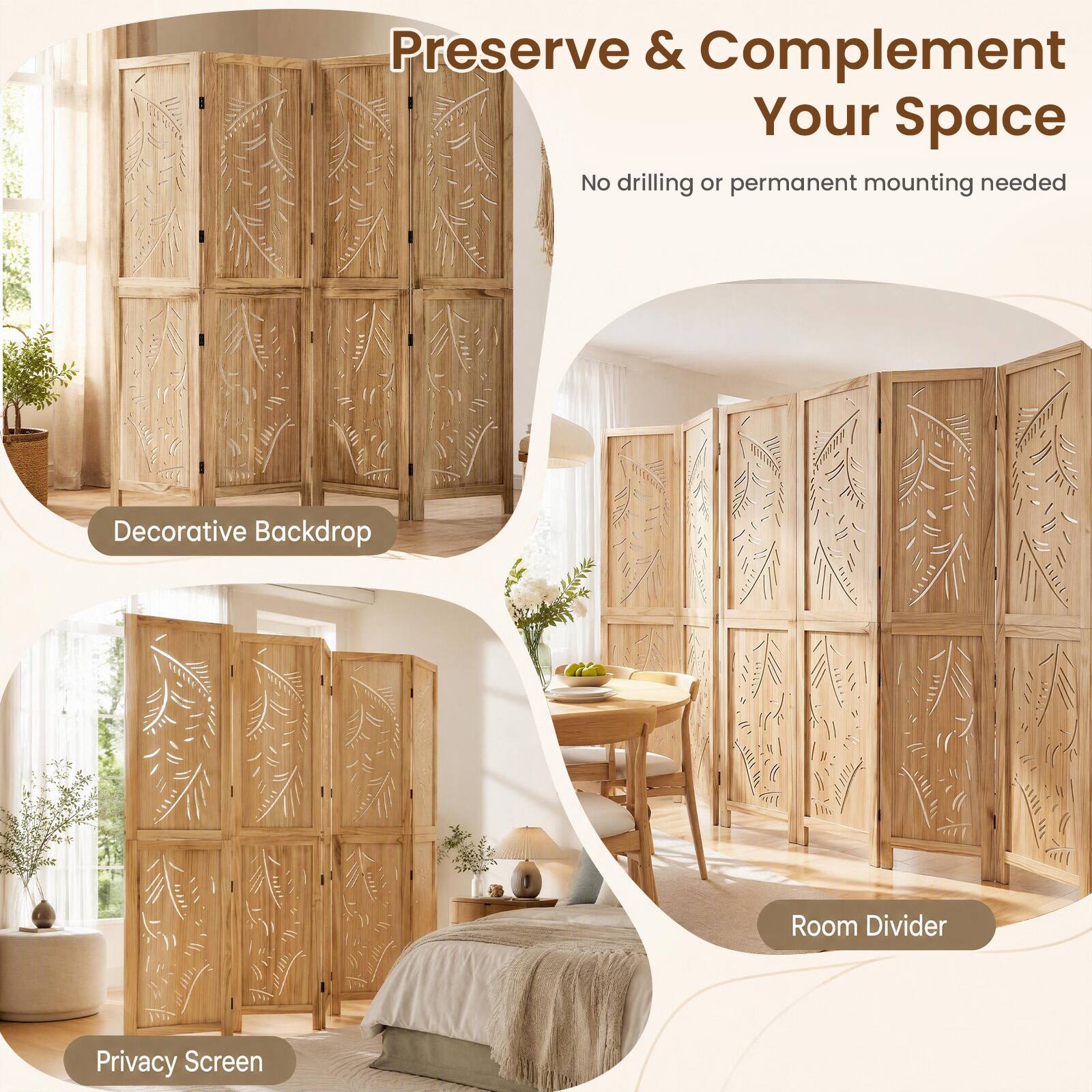 Preserve & Complement Your Space  
No drilling or permanent mounting needed  

Decorative Backdrop  
Room Divider  
Privacy Screen