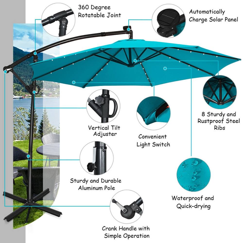 360 Degree Rotatable Joint  
Automatically Charge Solar Panel  
Vertical Tilt Adjuster  
Convenient Light Switch  
8 Sturdy and Rustproof Steel Ribs  
Sturdy and Durable Aluminum Pole  
Waterproof and Quick-drying  
Crank Handle with Simple Operation
