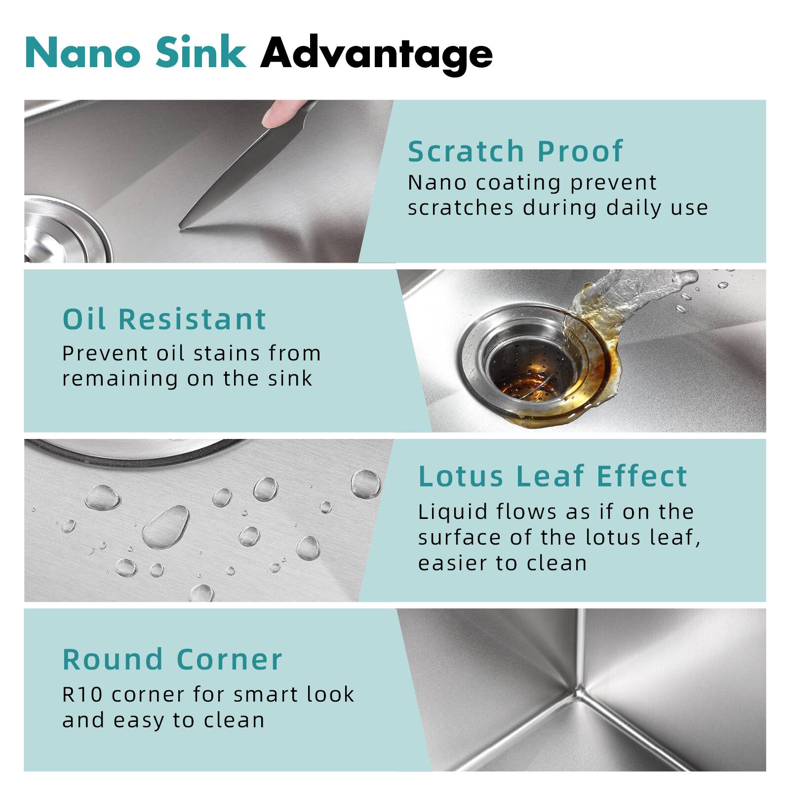 Nano Sink Advantage

Scratch Proof  
Nano coating prevents scratches during daily use

Oil Resistant  
Prevent oil stains from remaining on the sink

Lotus Leaf Effect  
Liquid flows as if on the surface of the lotus leaf, easier to clean

Round Corner  
R10 corner for smart look and easy to clean