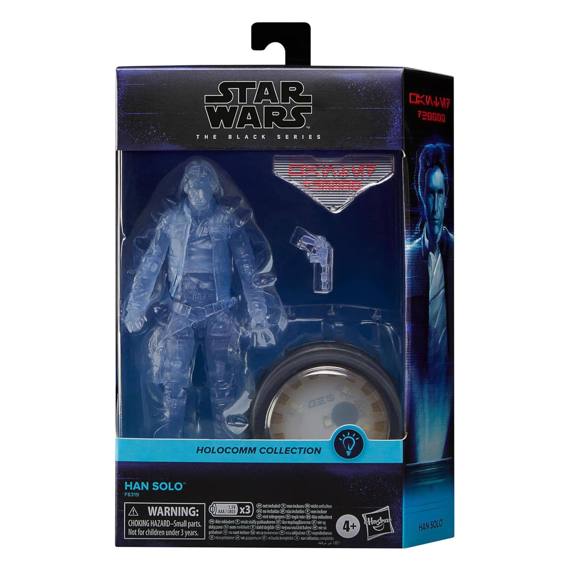 STAR WARS THE BLACK SERIES  
720000 DHAALVS 0=0000 DEC  
HOLOCOMM COLLECTION  
HAN SOLO  
FE310 158  
- indess WARNING: AAA/INS x3  
- inlte to indeita  
- infine  
- cabeos  
- Big -r  
- e niadent  
CHOKING HAZARD-Small parts.  
nae 3 Me nadet + om  
- maly D des sulkauones  
- w in -pladirera nincoe 2 4+  
Hasbor Not for children under 3 years.  
plame infler H -E C cepoddato Hepone  
- - - 2 ah ongas +  
- HAN SOLO