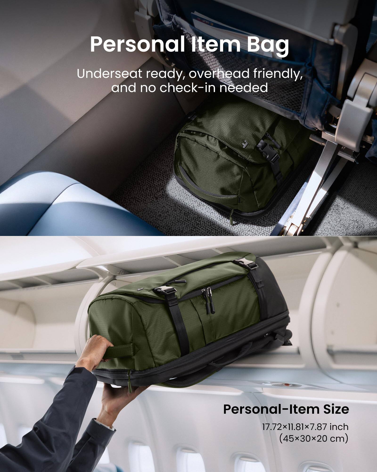 Personal Item Bag  
Underseat ready, overhead friendly, and no check-in needed  

Personal-Item Size  
17.72x11.81x7.87 inch (45x30x20 cm)