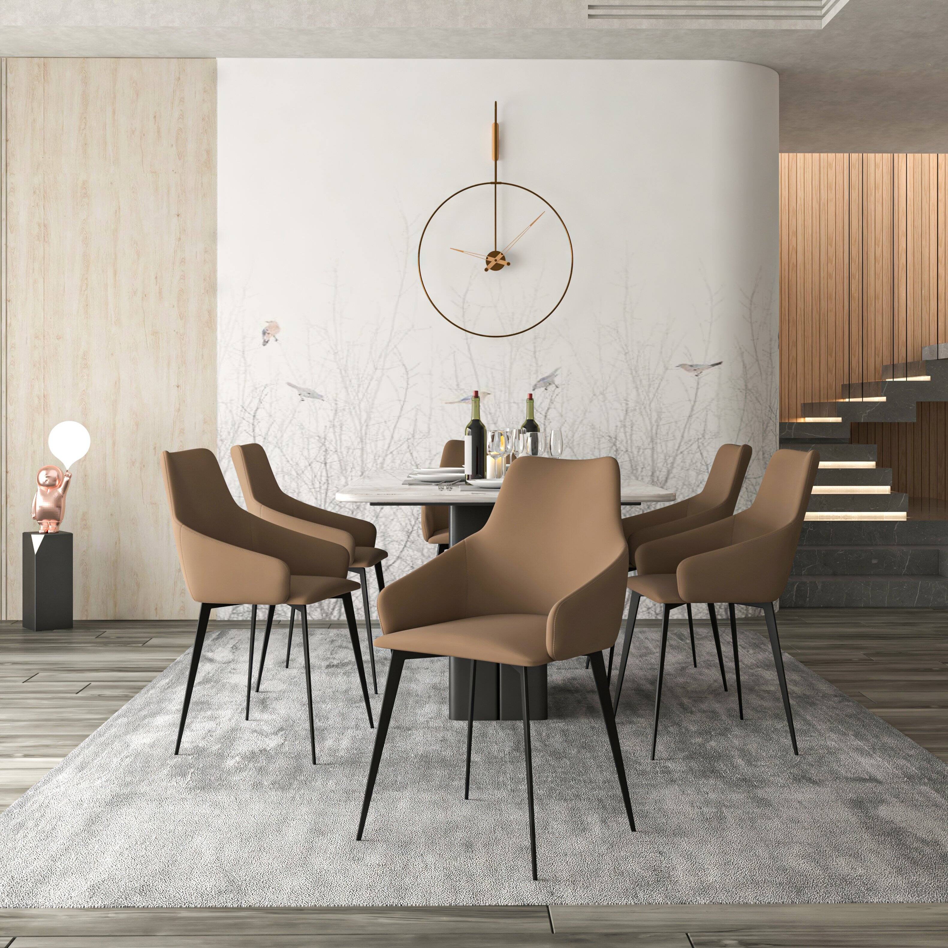 Left. LeisureMod - Sonnet Modern Dining Chair, Fabric & PU Leather Upholstered Accent Kitchen Chair with Arms and Metal Legs - Light Brown.