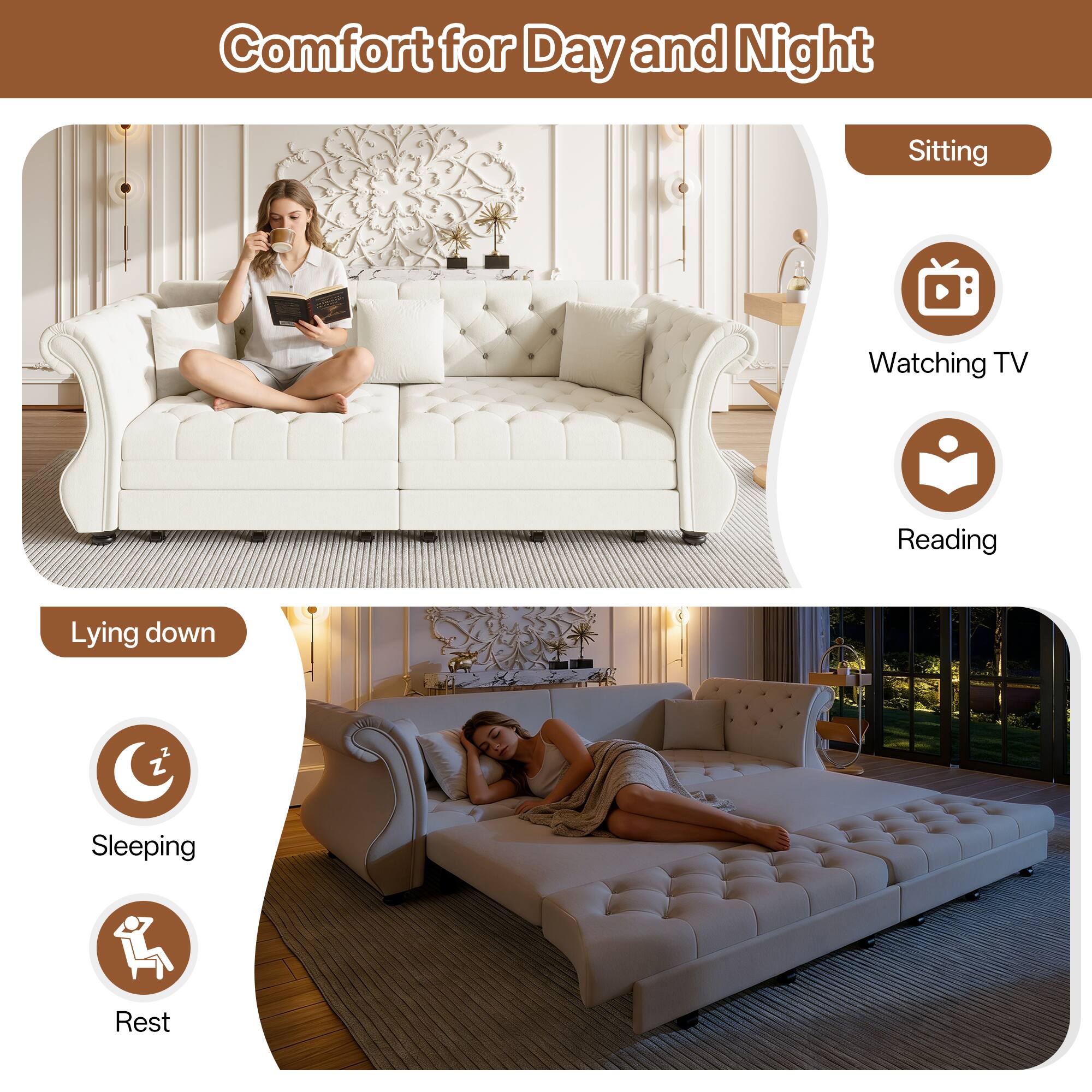 Comfort for Day and Night

Sitting
- Watching TV
- Reading

Lying down
- Sleeping
- Rest