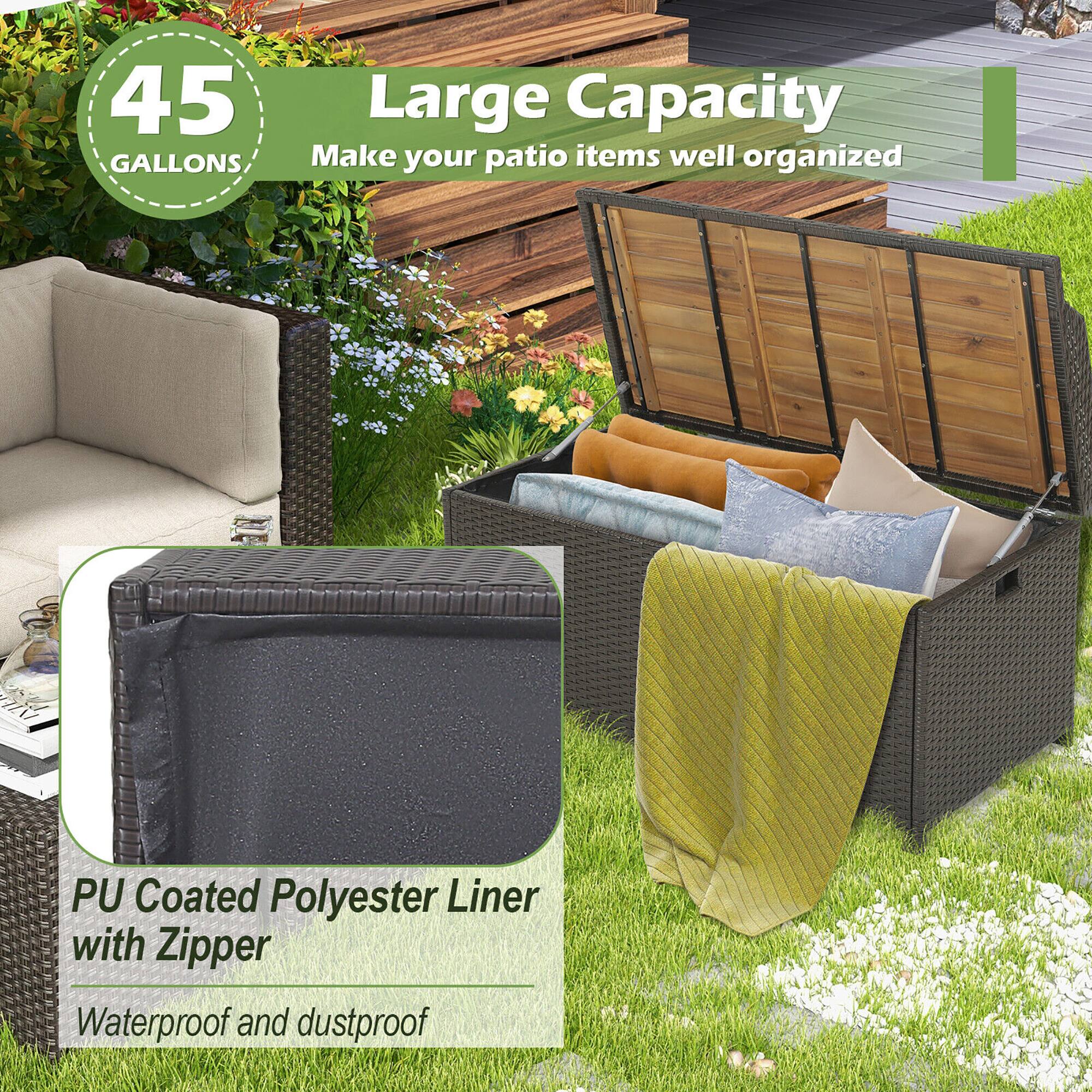 45 GALLONS Large Capacity  
Make your patio items well organized  

PU Coated Polyester Liner with Zipper  
Waterproof and dustproof