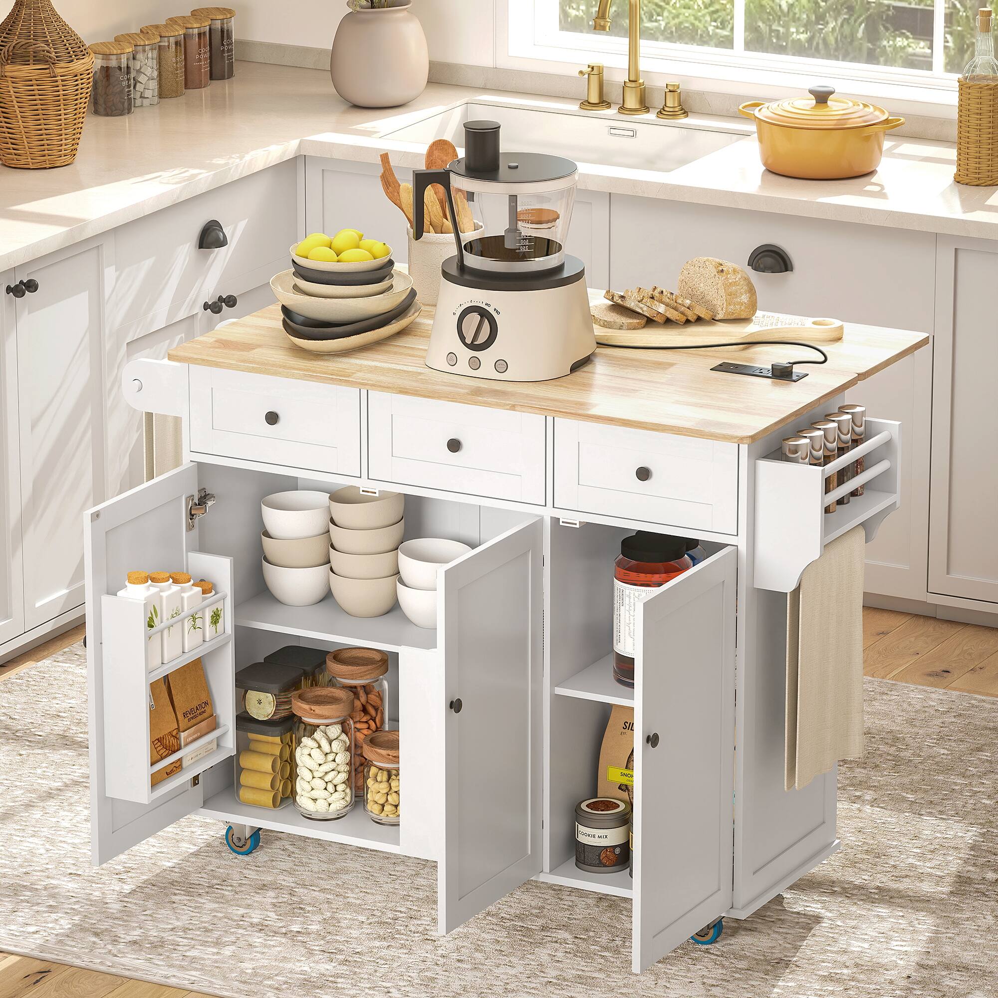Alt View 1. Homcom - Rolling Kitchen Island with Power Outlet and Drop Leaf, 53" Island Table with Wood Top, 3 Drawers, Adjustable Shelf - White.