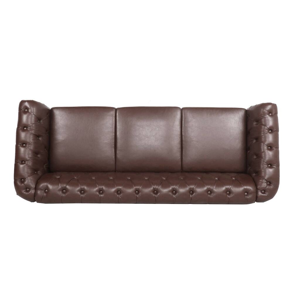 Alt View 3. Loheer - Loheer 84.65" Dark Brown PU Leather Chesterfield Sofa, Rolled Arm 3 Seater Couch with Tufted Back for Living Room - Dark Brown.