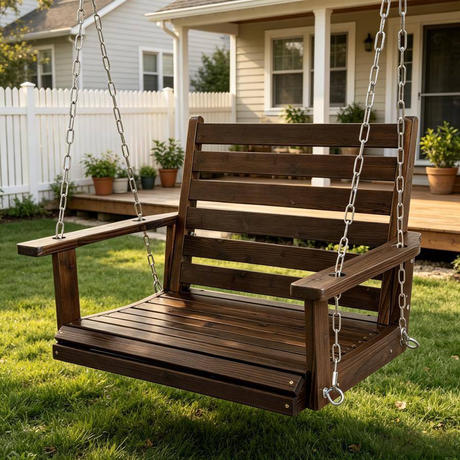 Front. Fortune Candy - Solid Fir Wood Porch Swing, 1-Person Patio Swing Seat for Outdoor Garden, Deep Brown - Deep Broen.
