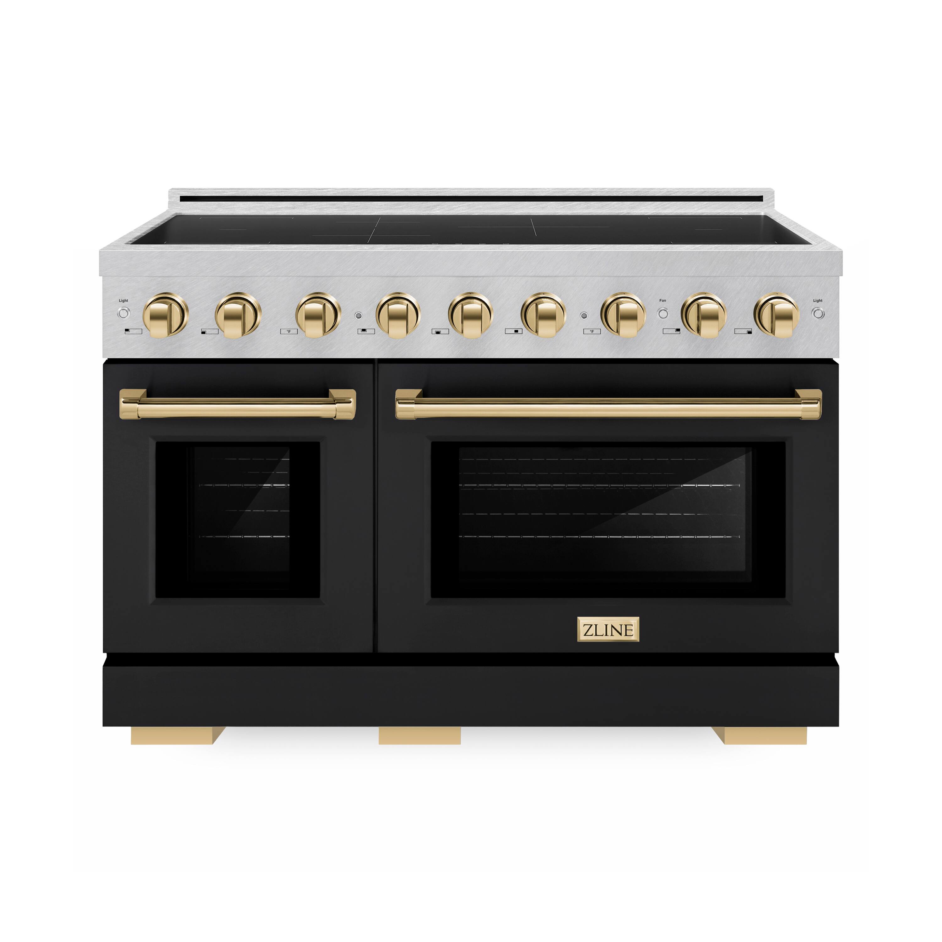Front. ZLINE - Autograph 48 in. 6.7 cu. ft. Paramount Freestanding Induction Range in Satin Steel with Black Doors and Gold Accents - Matte Black.