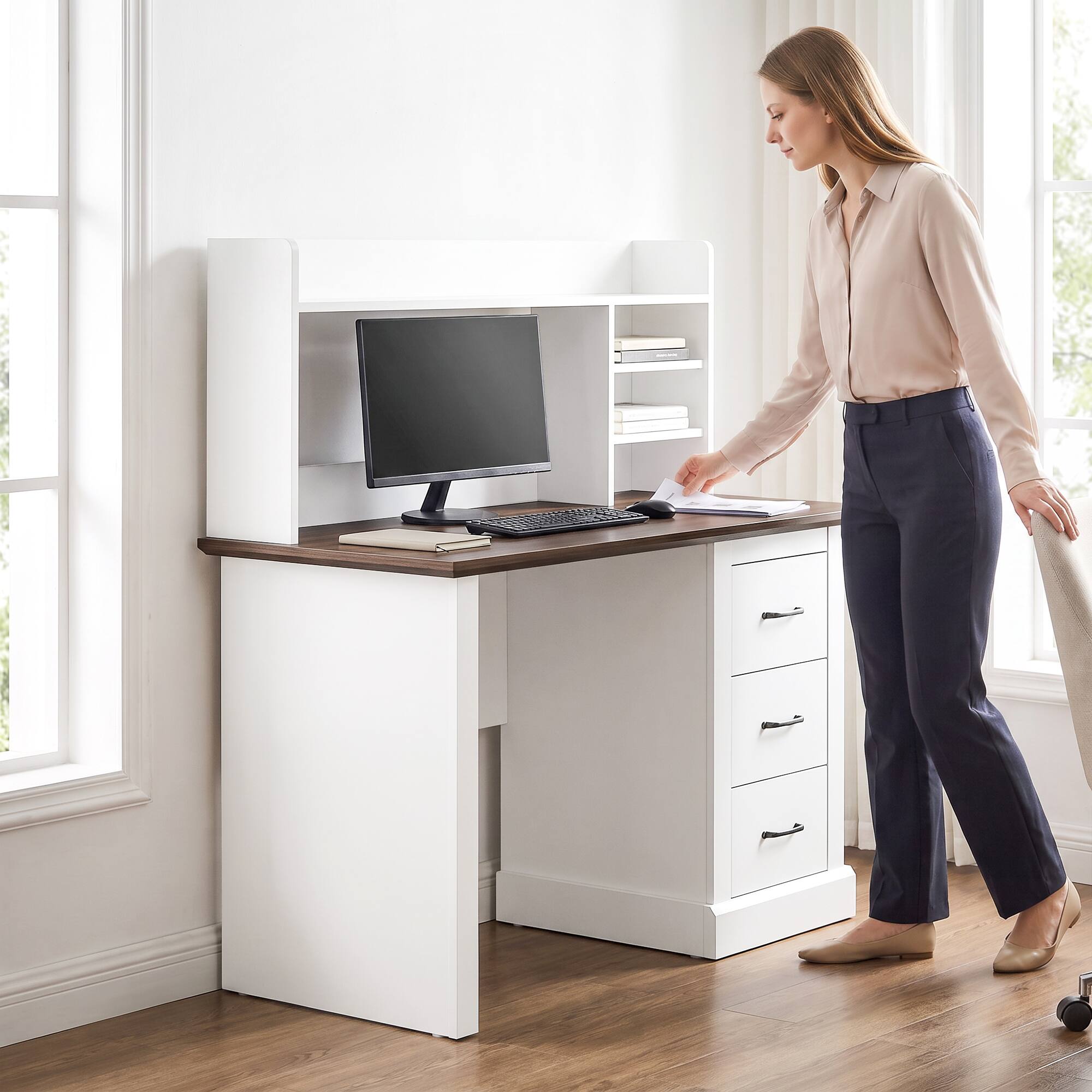 Alt View 8. Homcom - Desk with 3 Drawers and Storage Shelves, 47" Home Office Study Writing Table - Walnut and White.