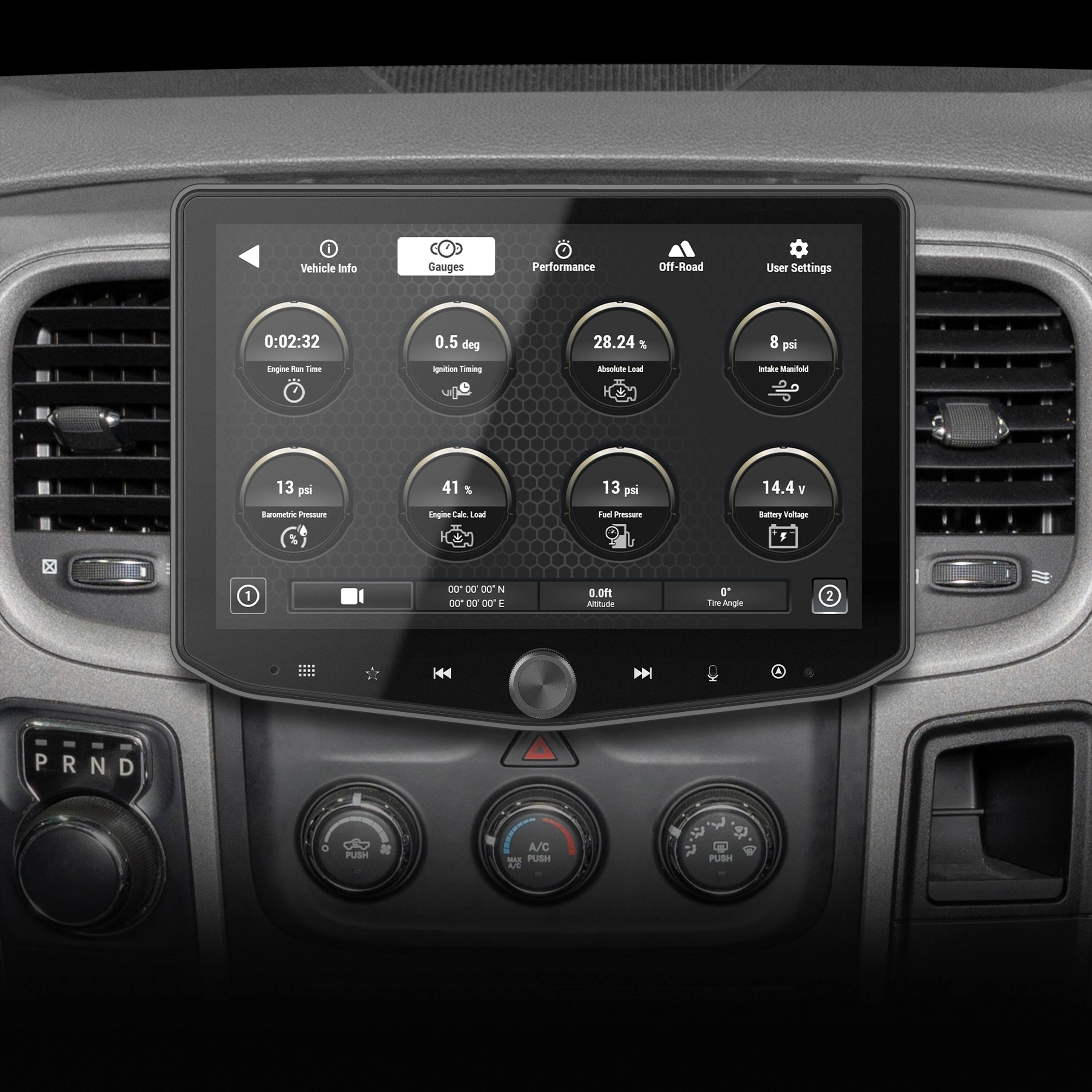 Vehicle Info Gauges Performance Off-Road User Settings 0:02:32 0.5 deg 28.24% 8 psi Enpine - Tase n Tiwing Aocdute s  13 pm 41 & 13 psi 14.4 I nongcre - Engine Cale Loal i Pesse Battry Valtage F C 1 00* OC X  0o 00 O0 E 3 LOFE Alliude 0 Toe Angle 2 N PRND P N D . PUSH A/C - PUSH A $  4 PUSH