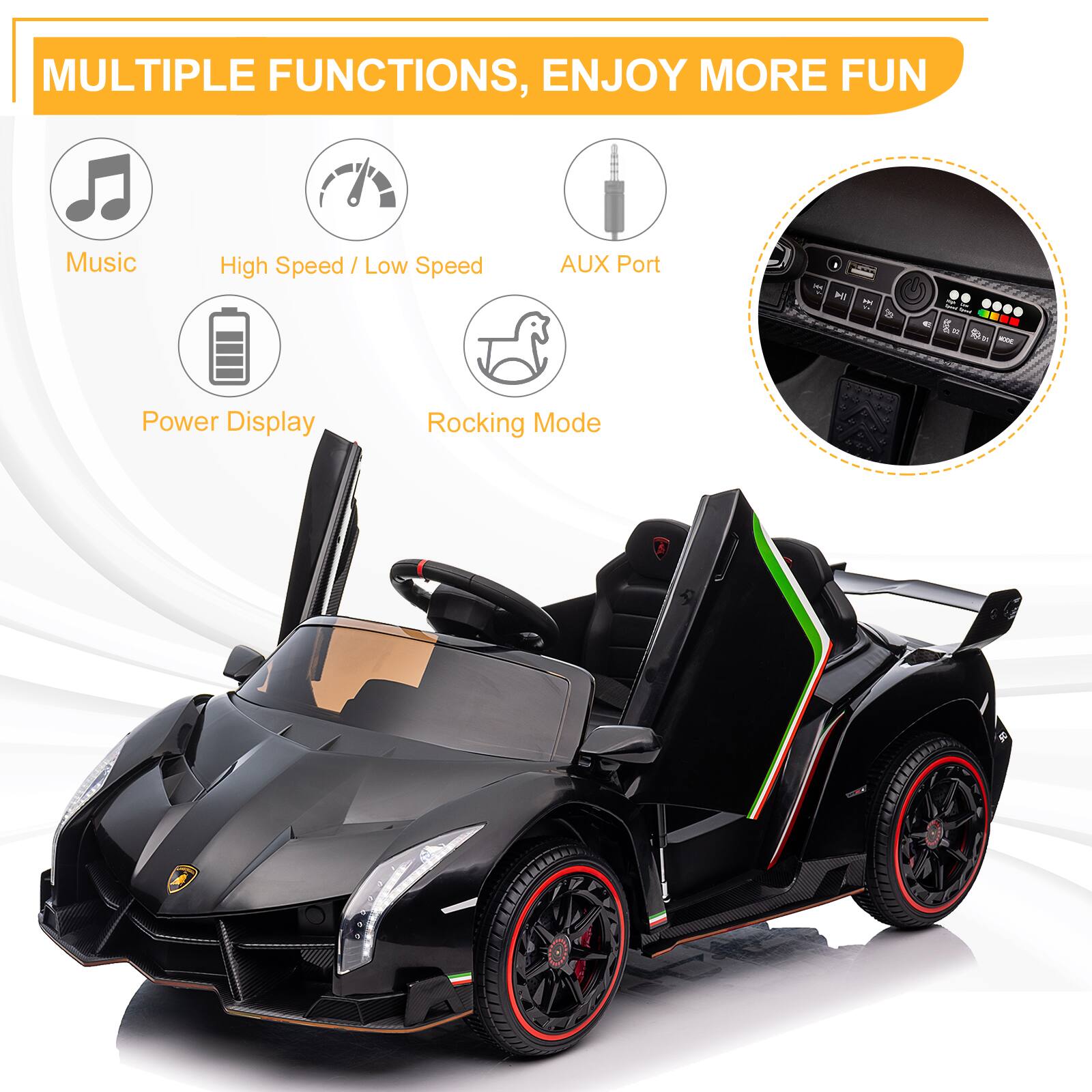 MULTIPLE FUNCTIONS, ENJOY MORE FUN

- Music
- High Speed / Low Speed
- AUX Port
- Power Display
- Rocking Mode