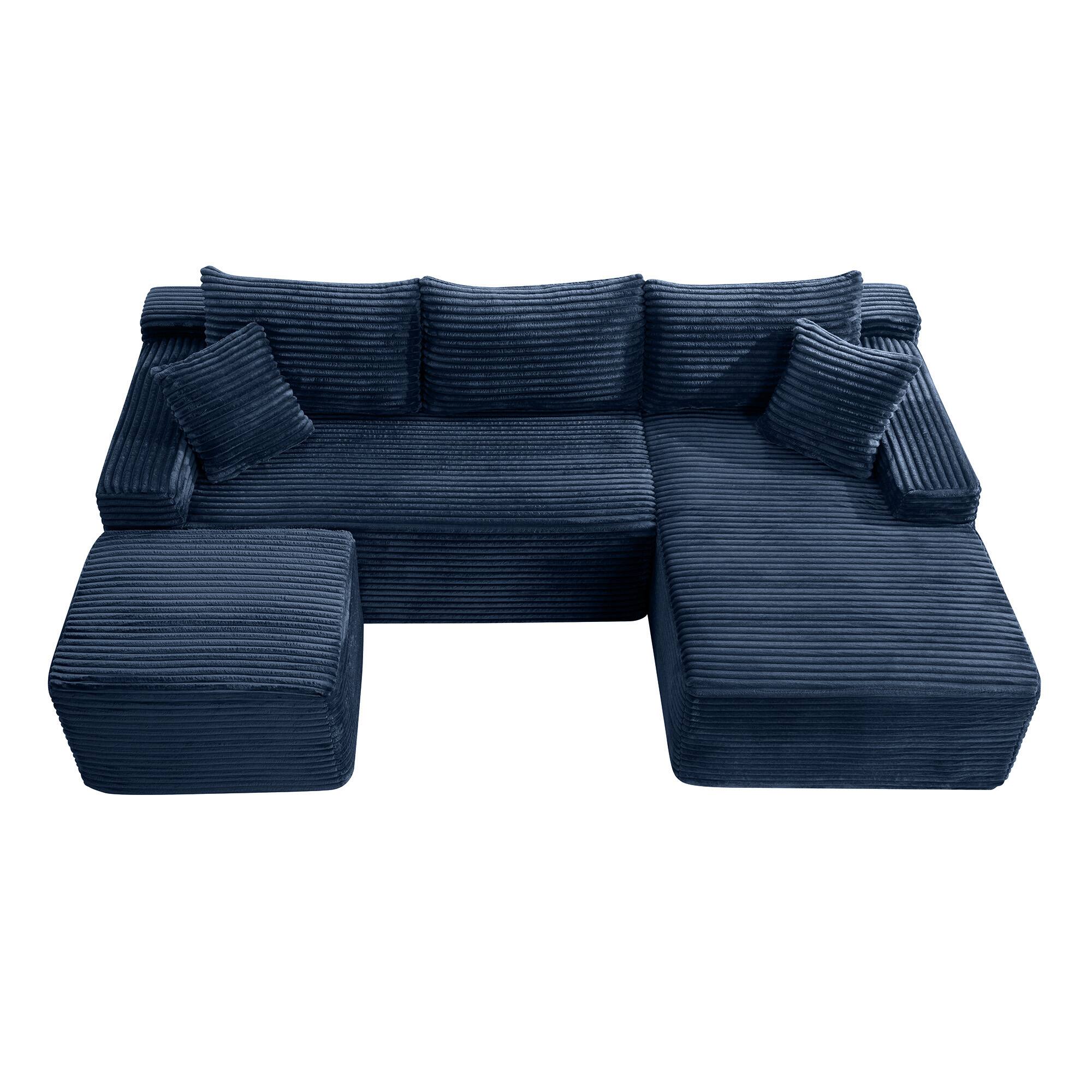 Left. Boyel Living - 106.3-Inch Corduroy Modular U-Shaped Cloud Sectional Sofa - Blue.