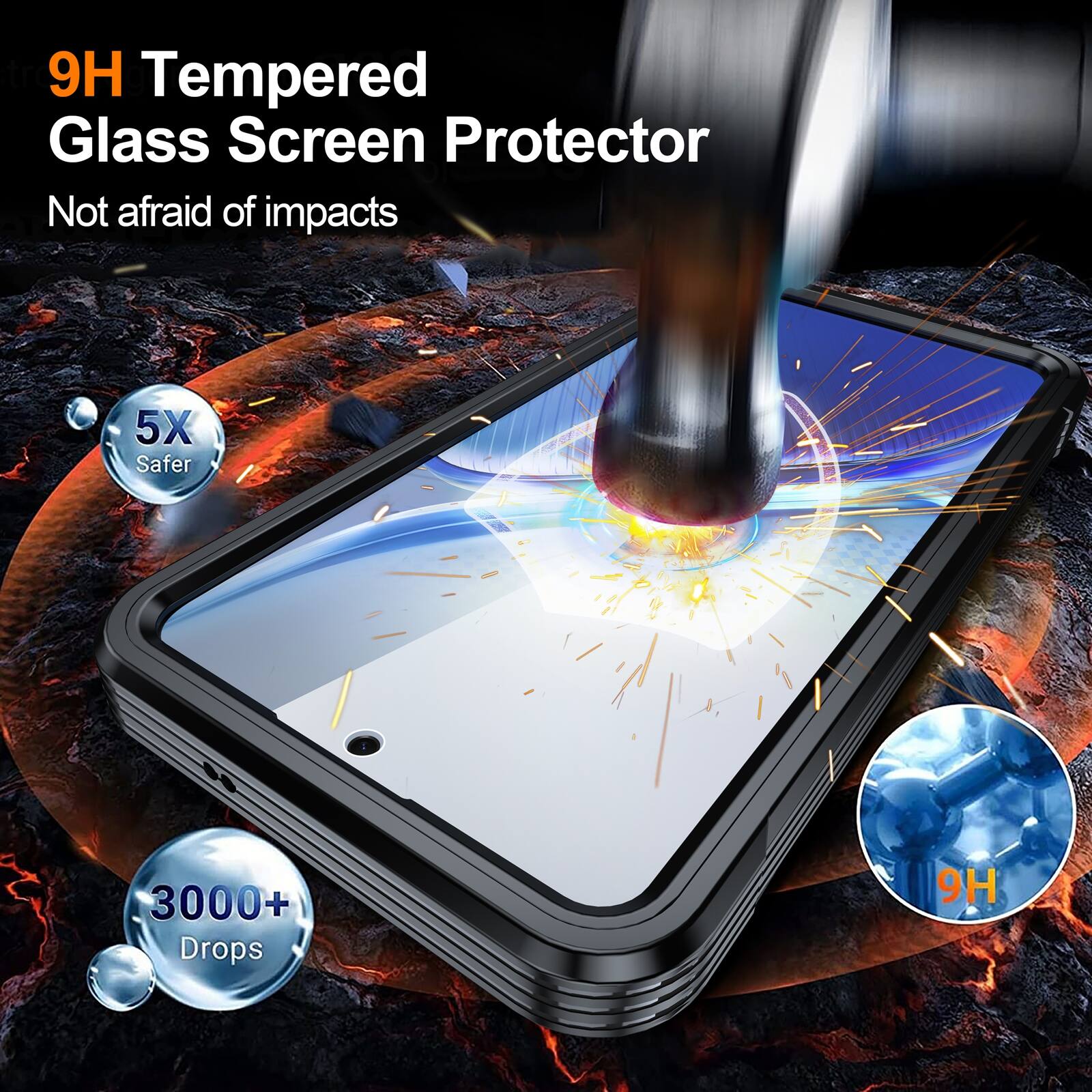 9H Tempered Glass Screen Protector  
Not afraid of impacts  
5X Safer  
3000+ Drops  
9H