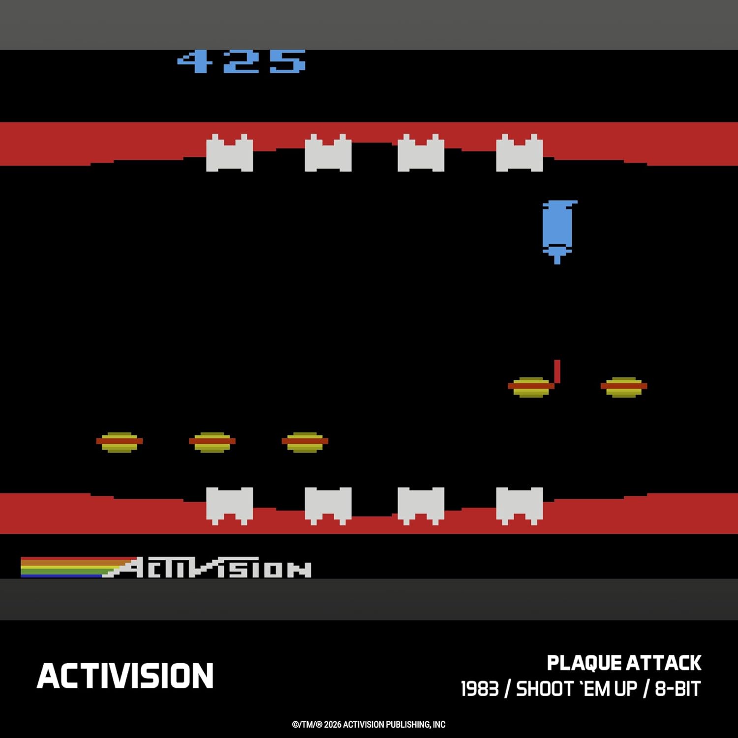425  
ACTIVISION  
PLAQUE ATTACK  
1983 / SHOOT 'EM UP / 8-BIT  
©/TM/ 2026 ACTIVISION PUBLISHING, INC
