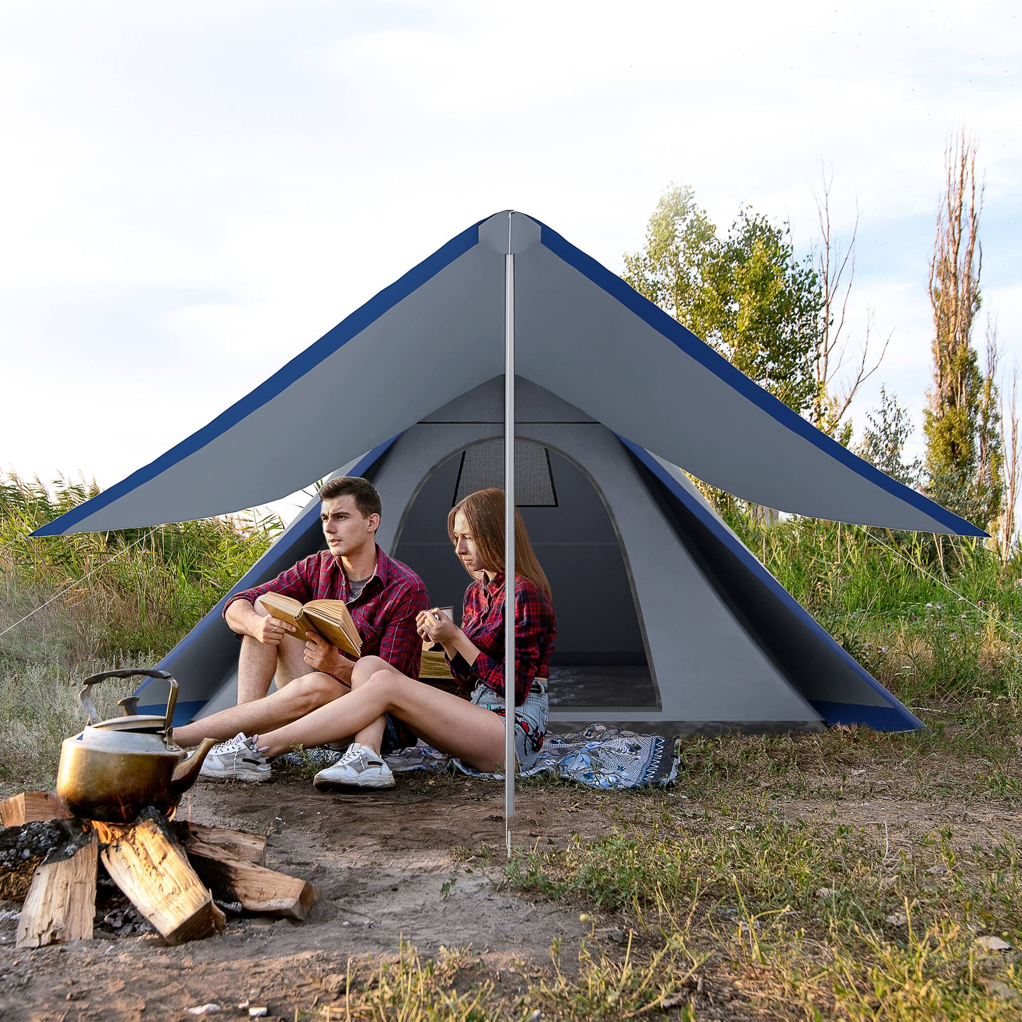 Alt View 1. Outsunny - Set-Up Camping Tent with Porch, Floor and Carry Bag - Blue.