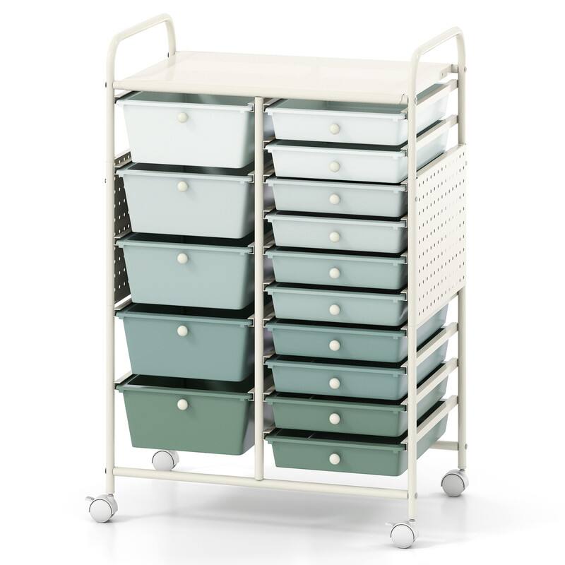 Alt View 4. WELLFOR - 15-Drawer Rolling Storage Cart with Metal Tabletop and Pegboard, Scrapbook Paper Office School Organizer - Gradient Green.