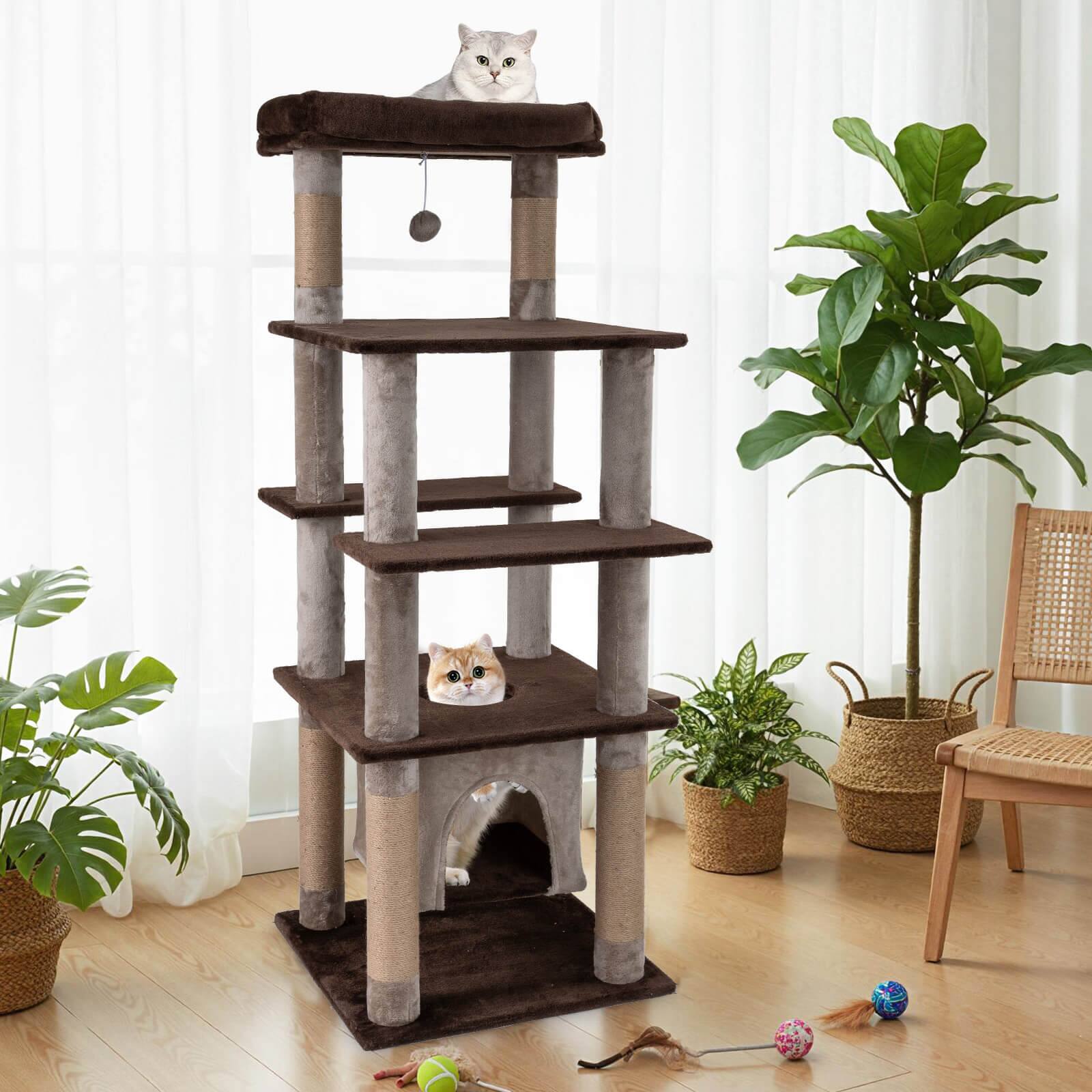 Alt View 4. Costway - Costway Large Multi-level Cat Tree 58" Tall Cat Tower with Swaying Aerial Condo Perch Bed - Brown.
