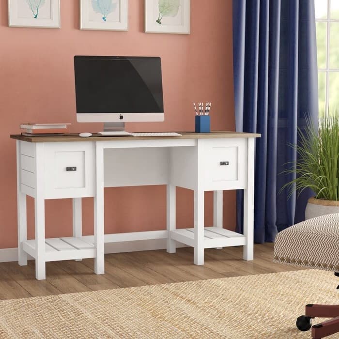 Hivvago - FarmHouse Oak Top 2 Drawer Office Writing Desk - White