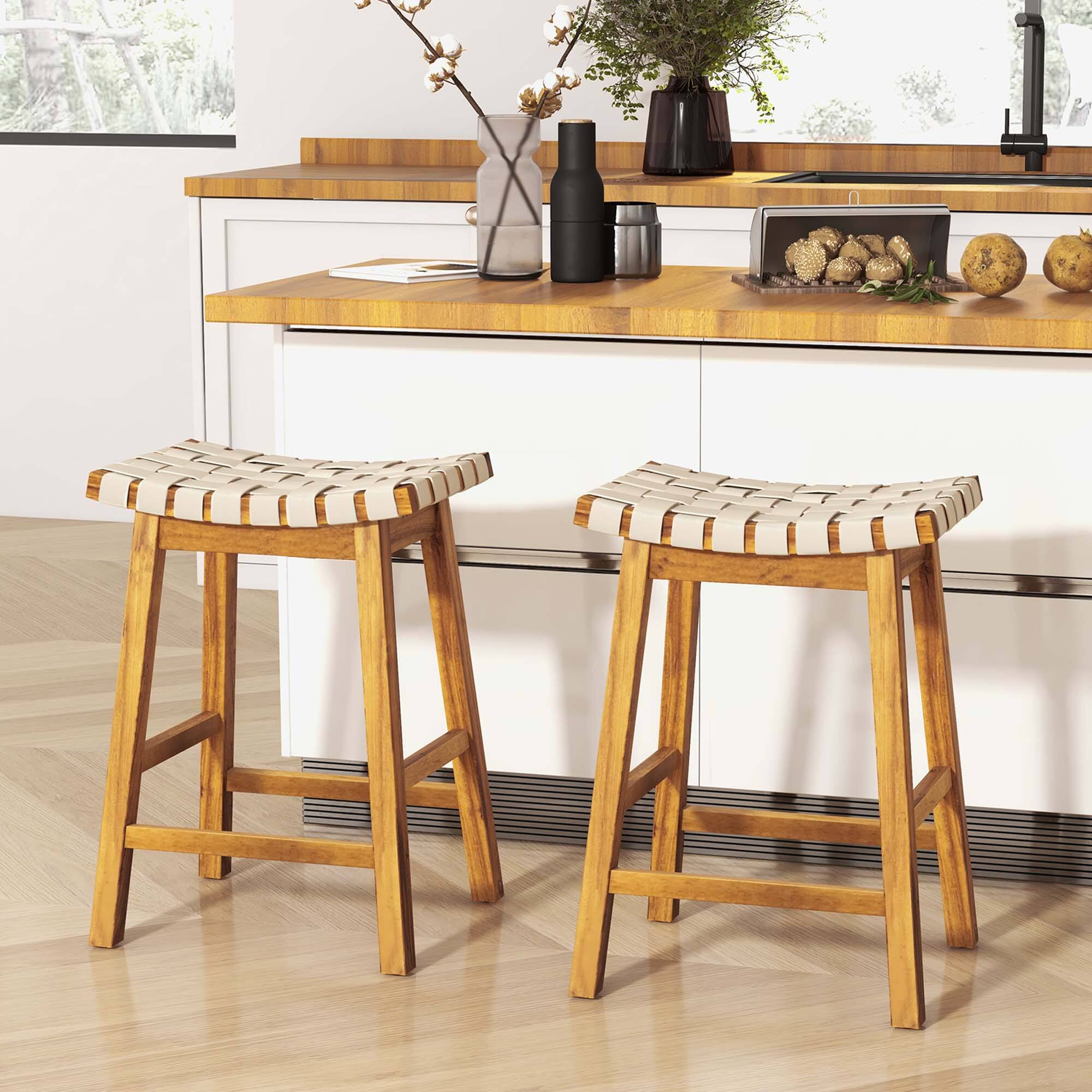 Alt View 1. Costway - Costway Woven Saddle Stools Set of 2 25.5" Faux PU Leather Counter Height Kitchen Stool Beige - Beige.