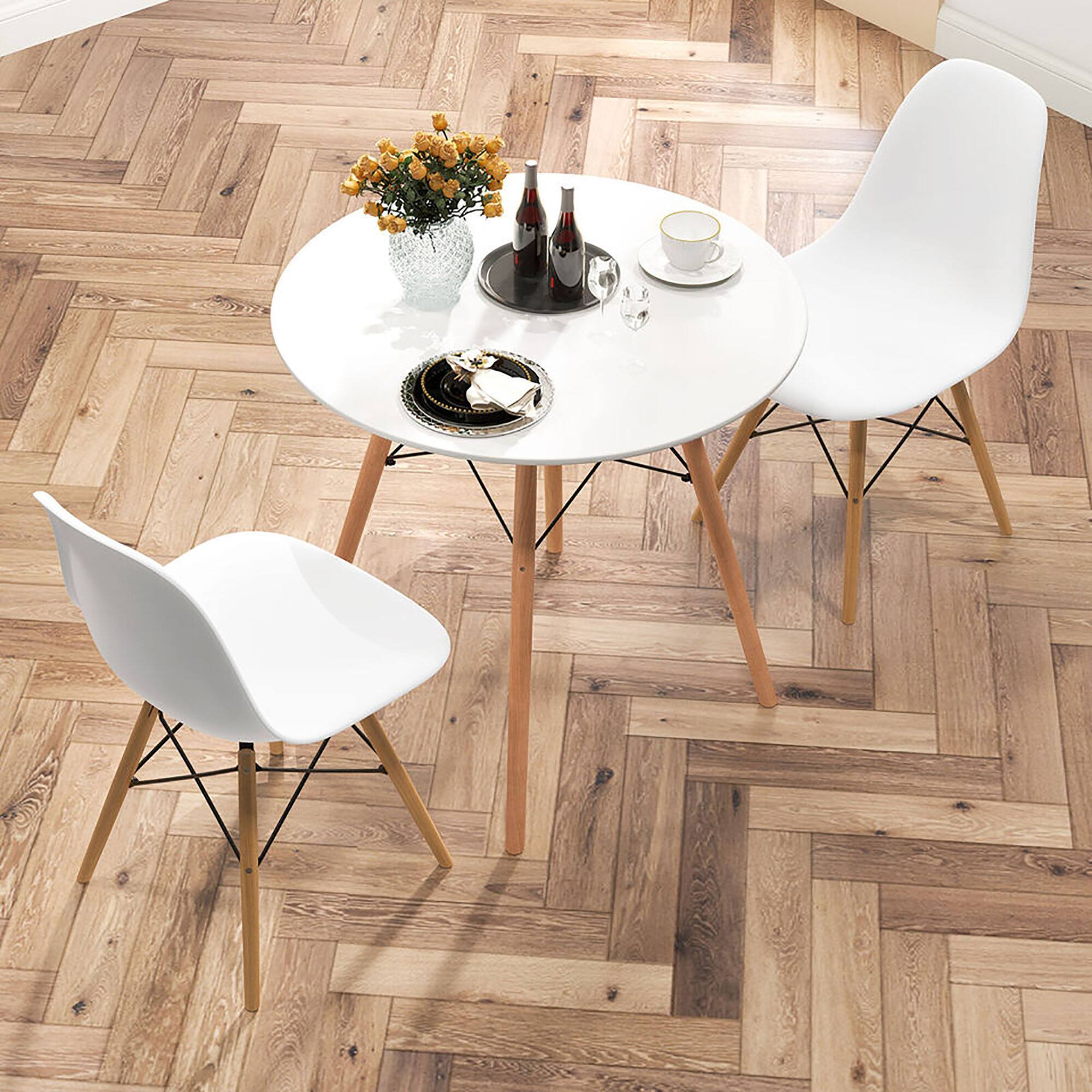 Alt View 1. Gymax - Gymax 3 Pieces Dining Table Set Modern Round Table & 2 Chairs w/ Wood Leg White - White.