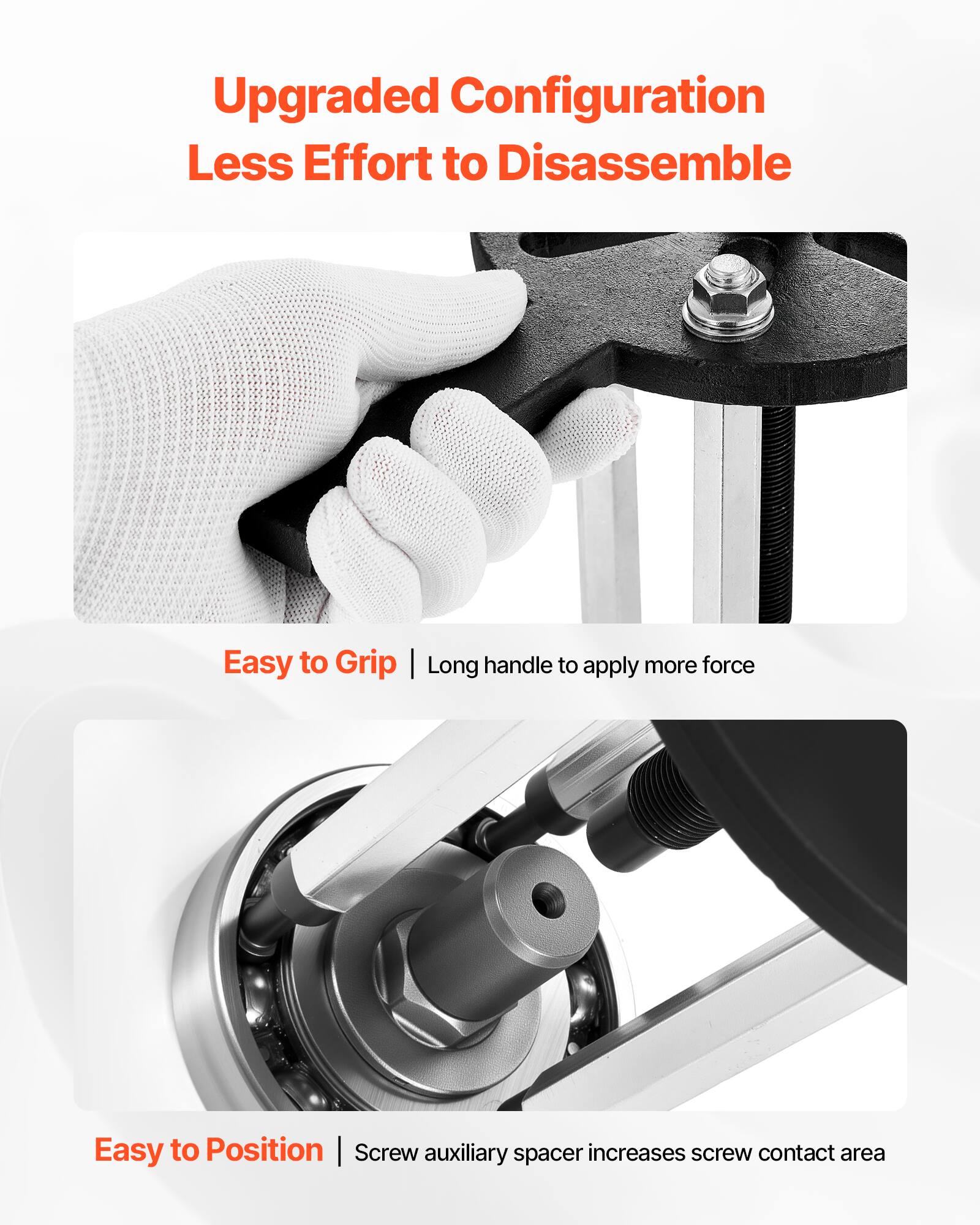 Upgraded Configuration  
Less Effort to Disassemble  

Easy to Grip | Long handle to apply more force  

Easy to Position | Screw auxiliary spacer increases screw contact area
