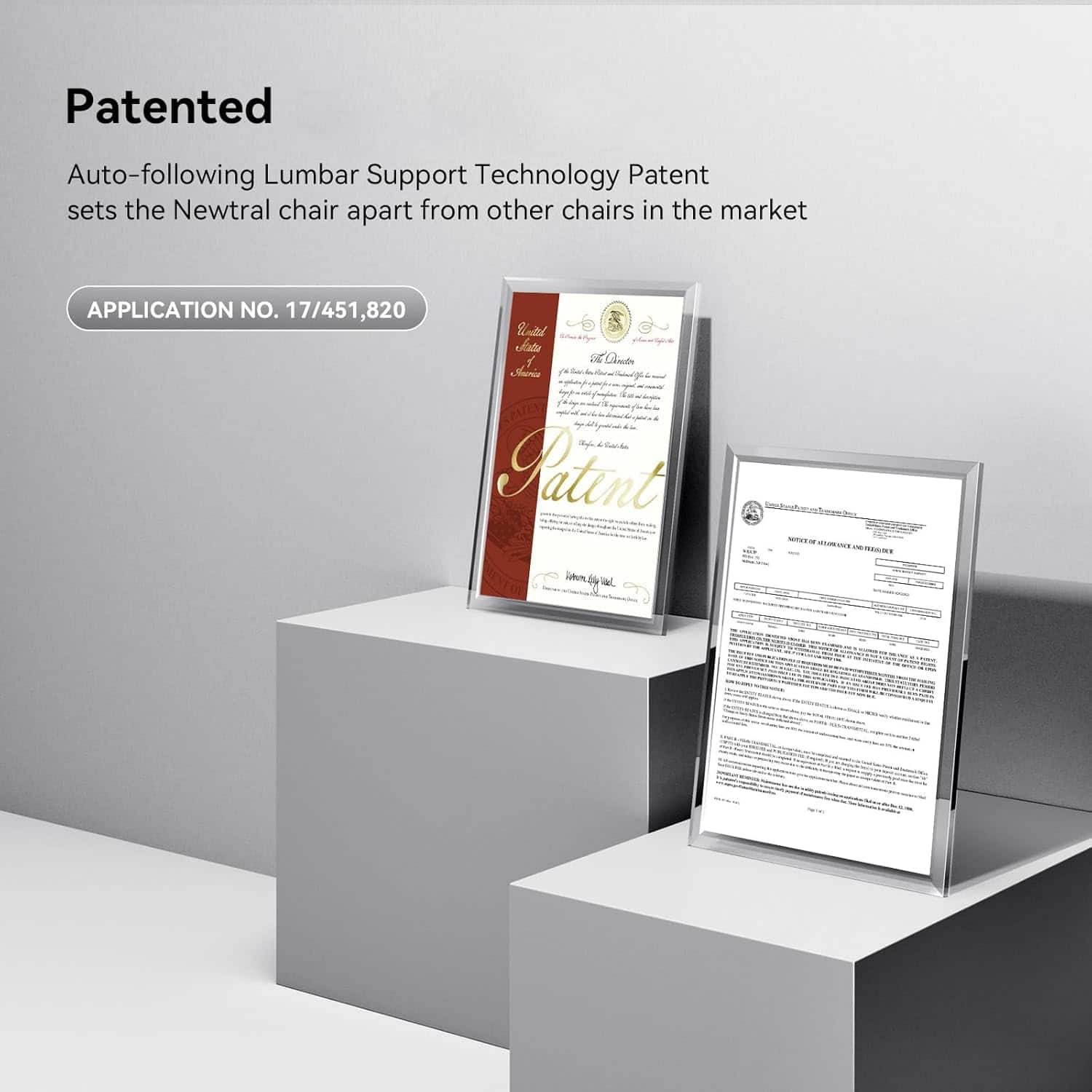 Patented Auto-following Lumbar Support Technology Patent sets the Newtral chair apart from other chairs in the market. Application No. 17/451,820.