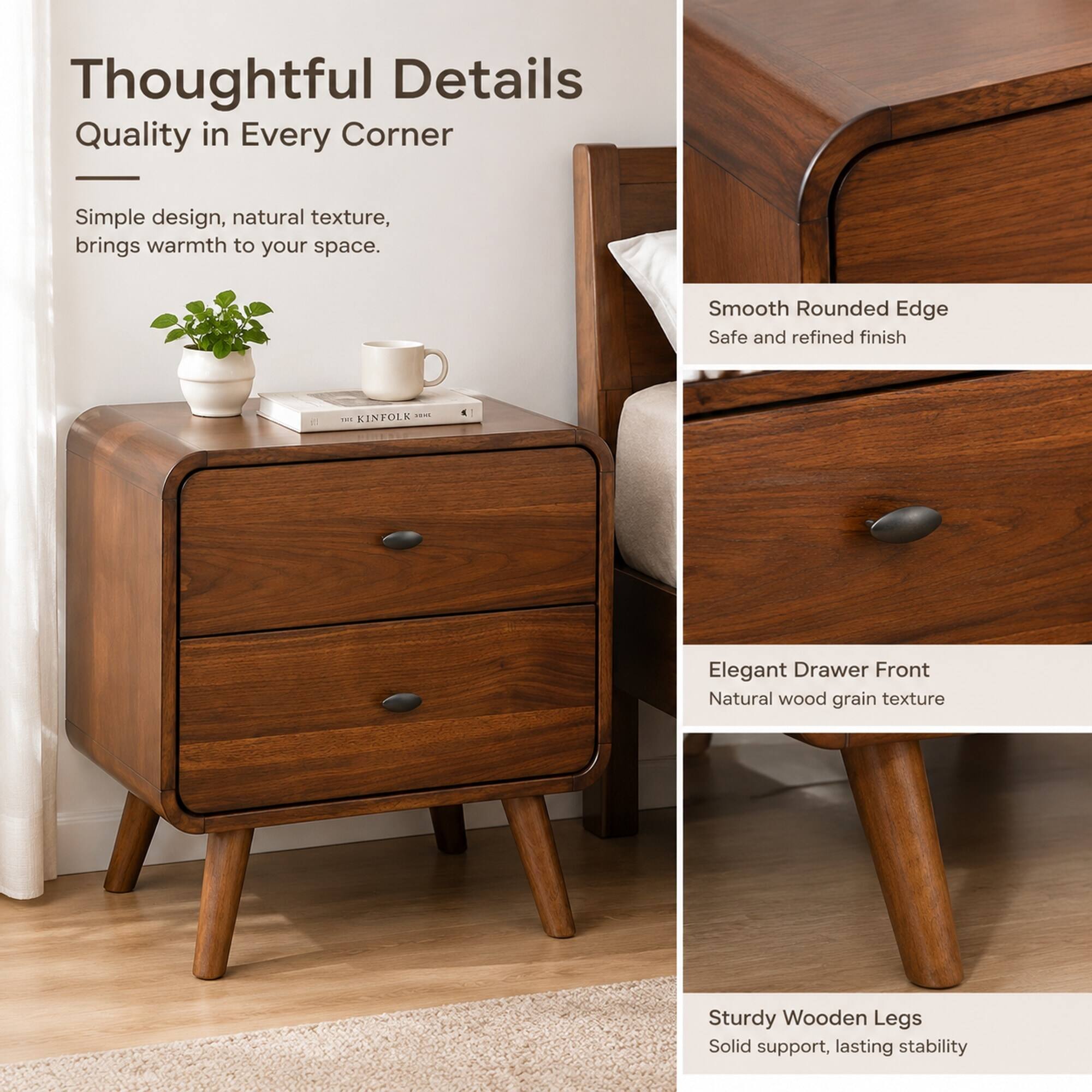 Thoughtful Details  
Quality in Every Corner

Simple design, natural texture, brings warmth to your space.

Smooth Rounded Edge  
Safe and refined finish

Elegant Drawer Front  
Natural wood grain texture

Sturdy Wooden Legs  
Solid support, lasting stability