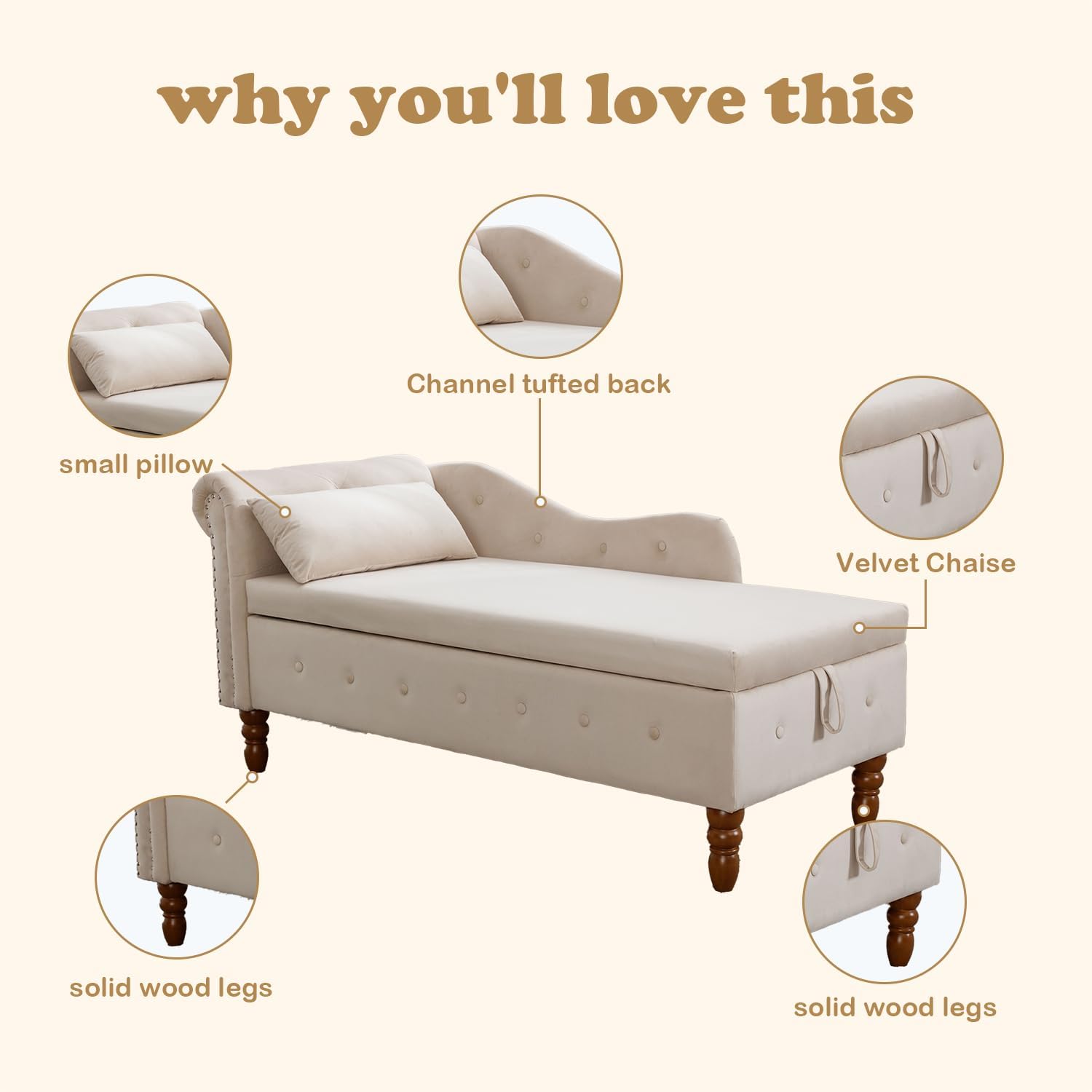 why you'll love this  
- Channel tufted back  
- small pillow  
- Velvet Chaise  
- solid wood legs  
- solid wood legs