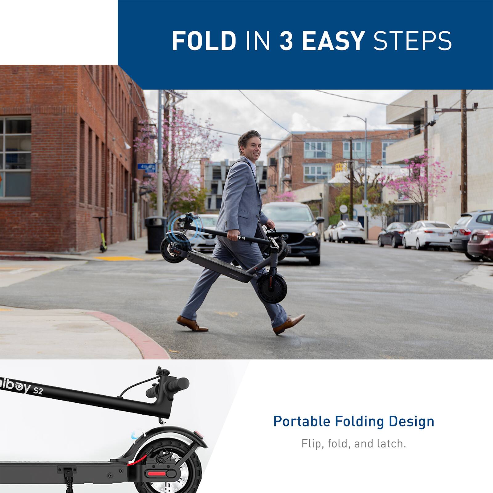 Fold In 3 Easy Steps: iBike S2 Portable Folding Design. Flip, fold, and latch.