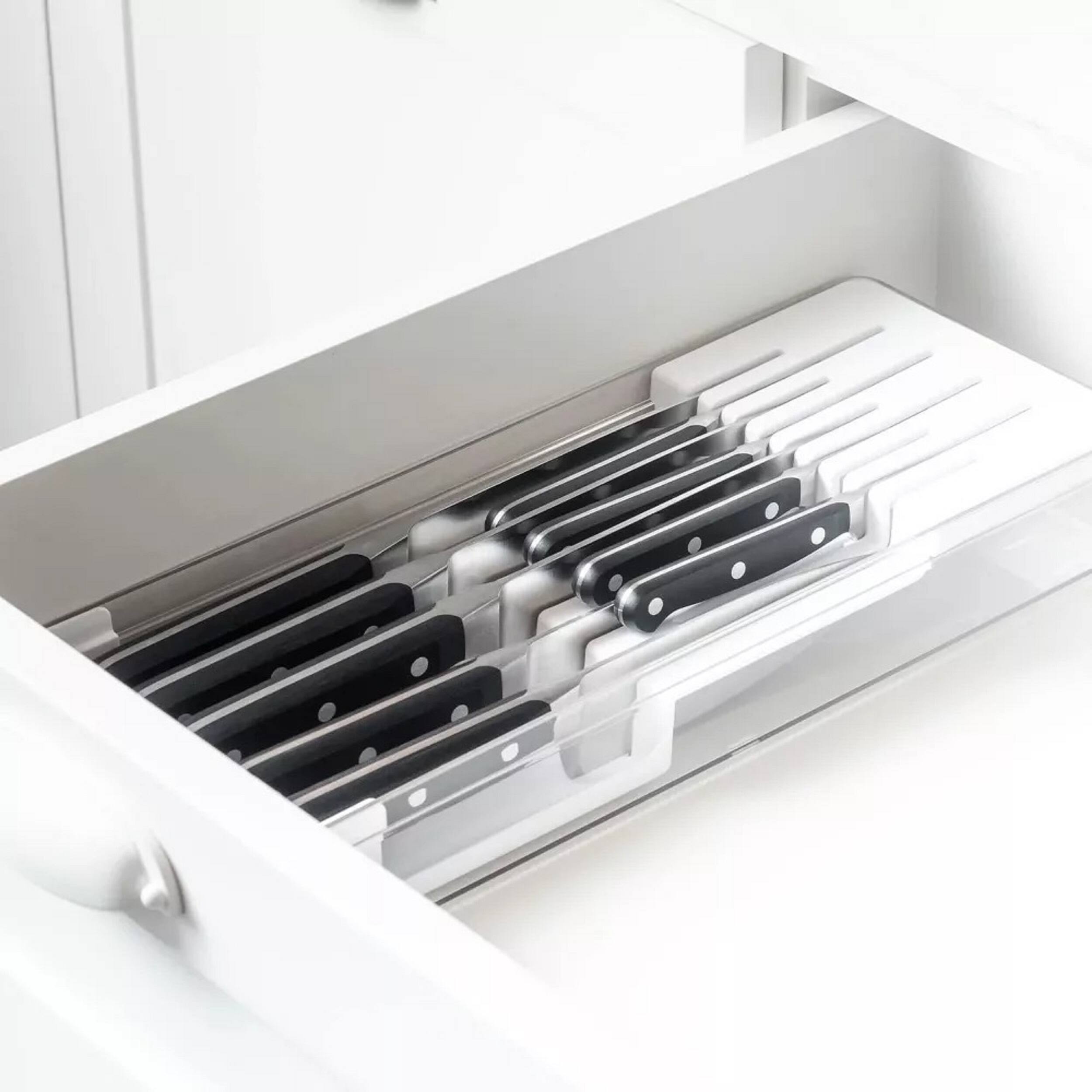 Angle. OU - OU In Drawer Knife Organizer, Compact Knife Holder, Utensil Storage Drawer Insert, Kitchen Organizer - White - White.