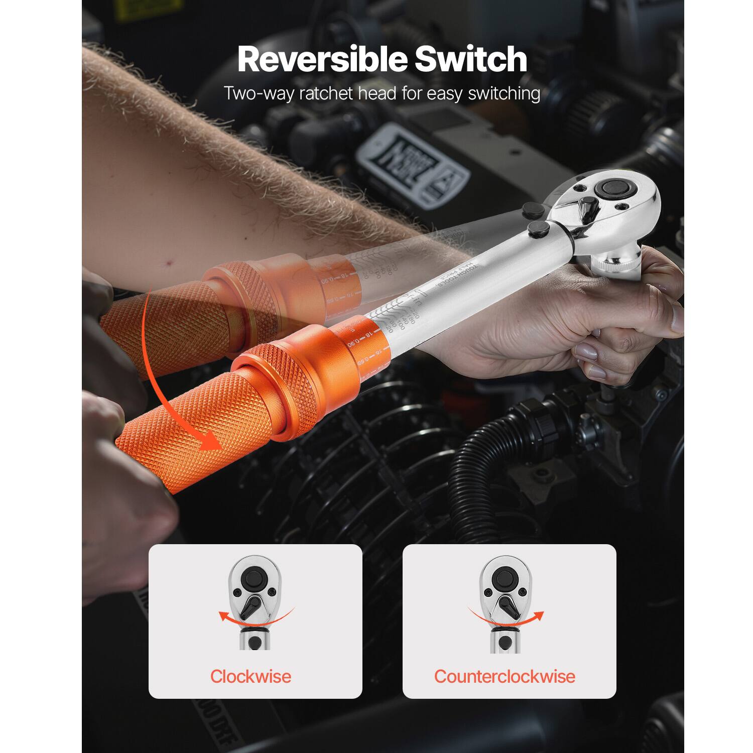 Reversible Switch  
Two-way ratchet head for easy switching  

Clockwise  
Counterclockwise