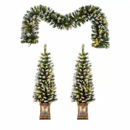RYHNUYNE - 3-Piece Artificial Christmas Decor Set, Wreath 2 Entrance Trees LED Lights Easy Assembly Xmas Display - White+Green